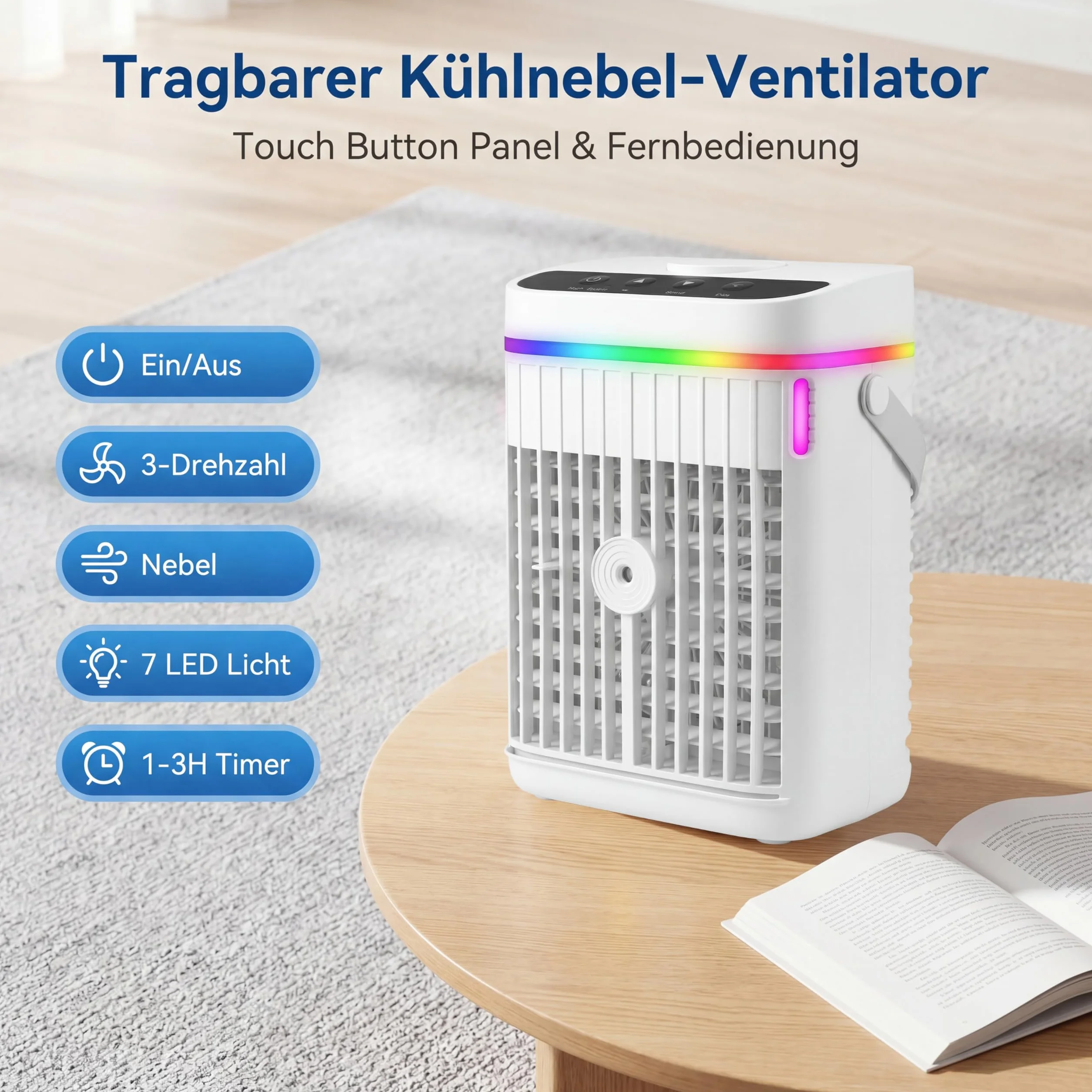 Aire acondicionado portátil, mini enfriador 4 en 1 con refrigeración rápida, función de niebla, luz LED, 3 velocidades y temporizador, ventilador USB silencioso para uso en verano