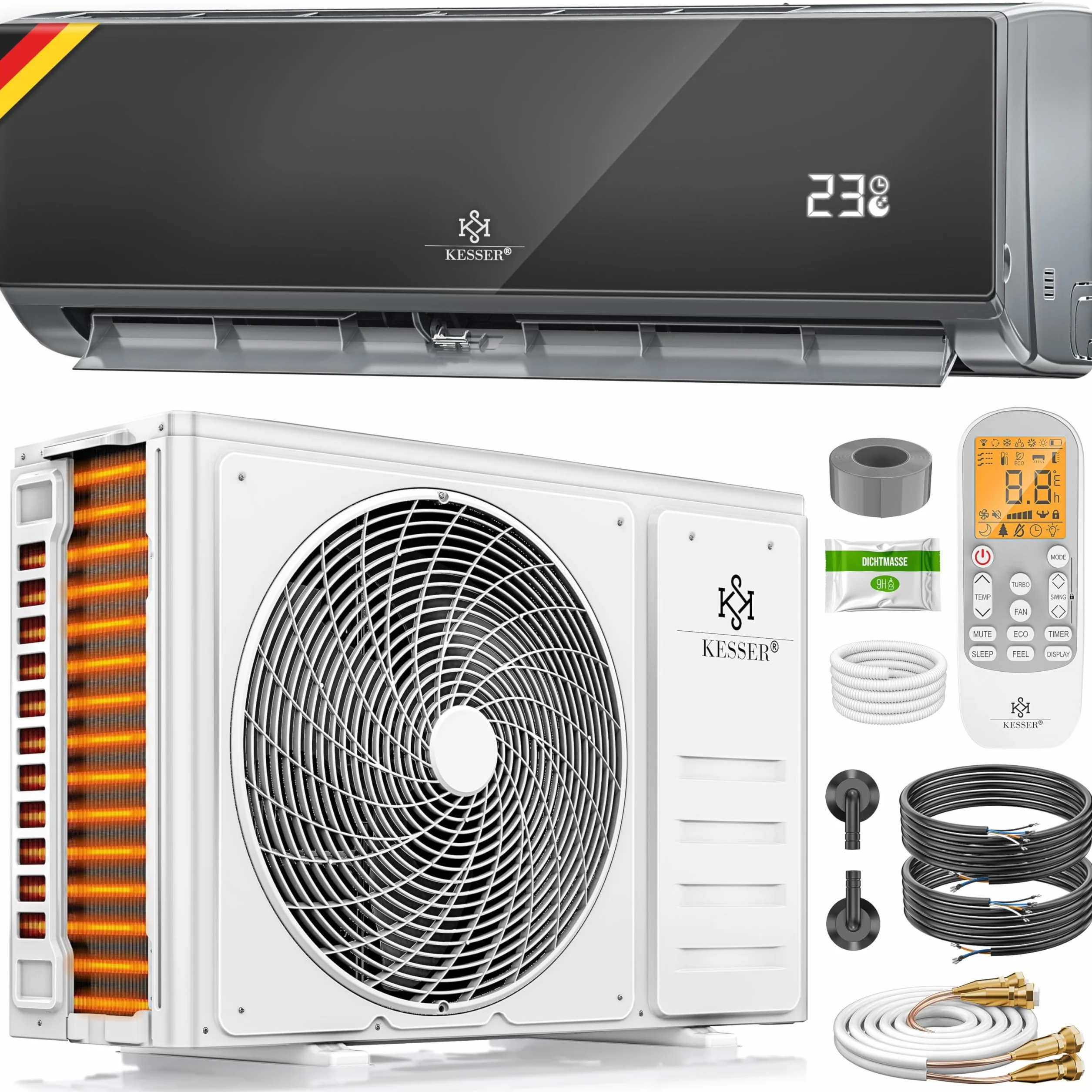 KESSER® Kit de aire acondicionado split Quick Connect 9000 BTU 3,4 kW – WiFi y aplicación Aire acondicionado con función de calefacción y modo de refrigeración Aire acondicionado de pared,