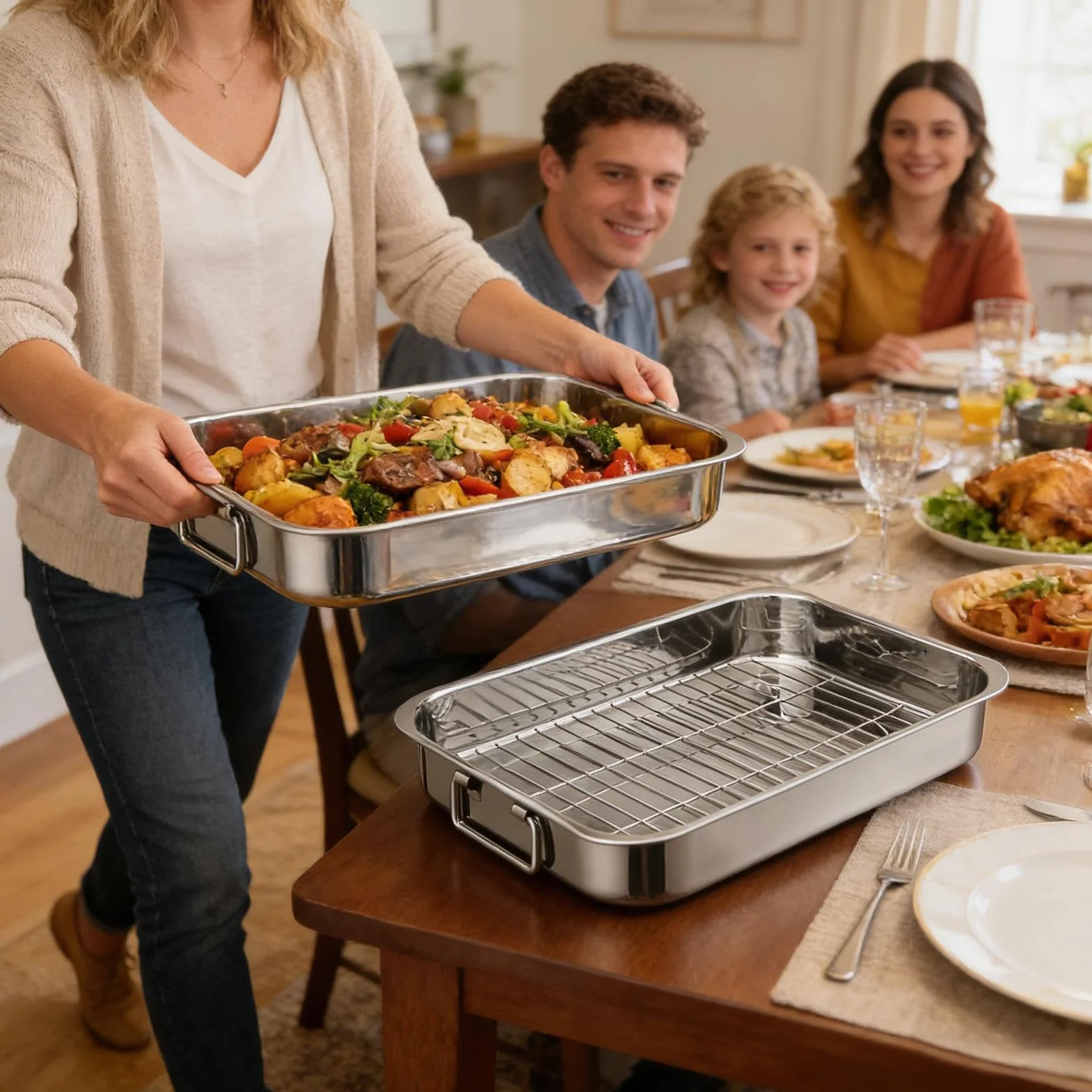 Bandeja De Para Utensilios de Cocina de Acero Inoxidable | Para Pollo Asado Para Cenas De Acción De Gracias Reuniones Familiares Principiantes Pollo Jamón