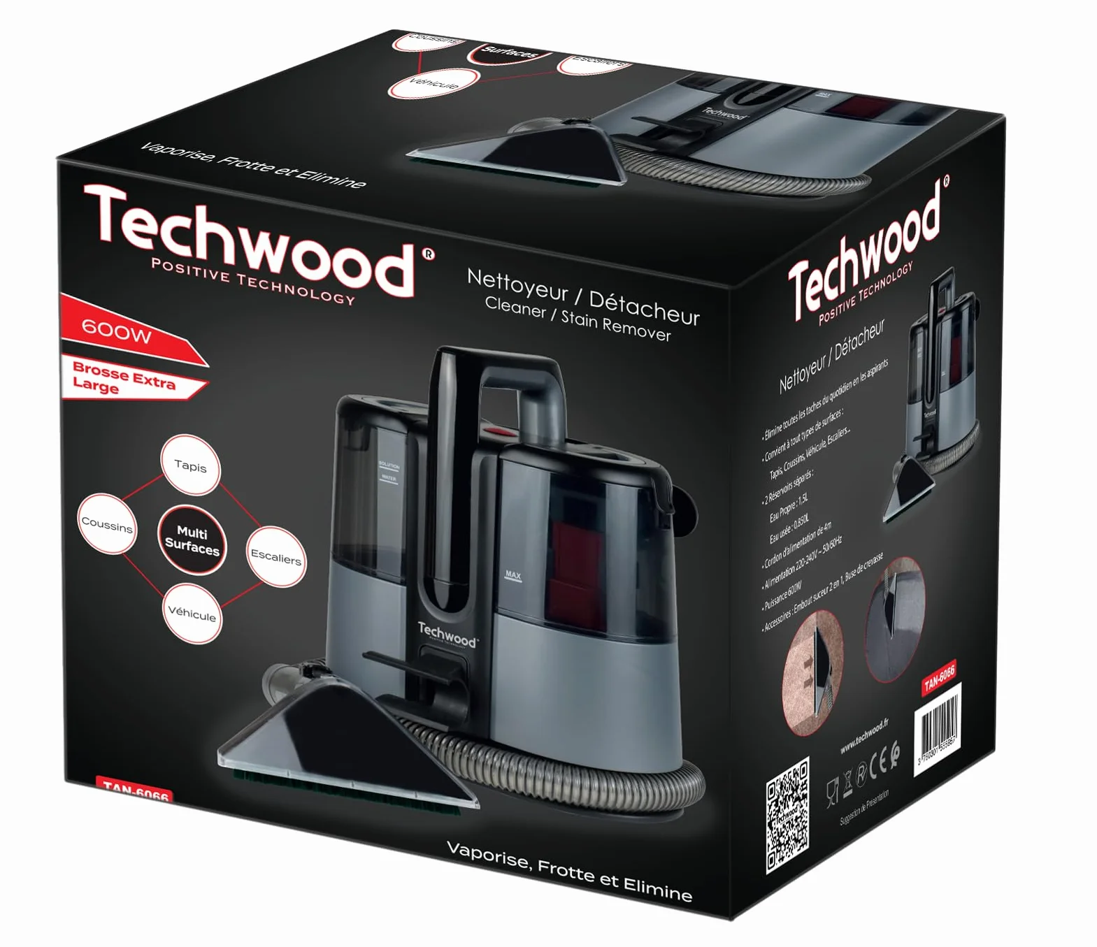 Limpiador Desmanchador 600W TNA-006 - Cepillo Extra Grande, Aspiración de Manchas, 2 Depósitos Separados, Accesorios Incluidos, Cable de 4m, Potencia 600W TECHWOOD