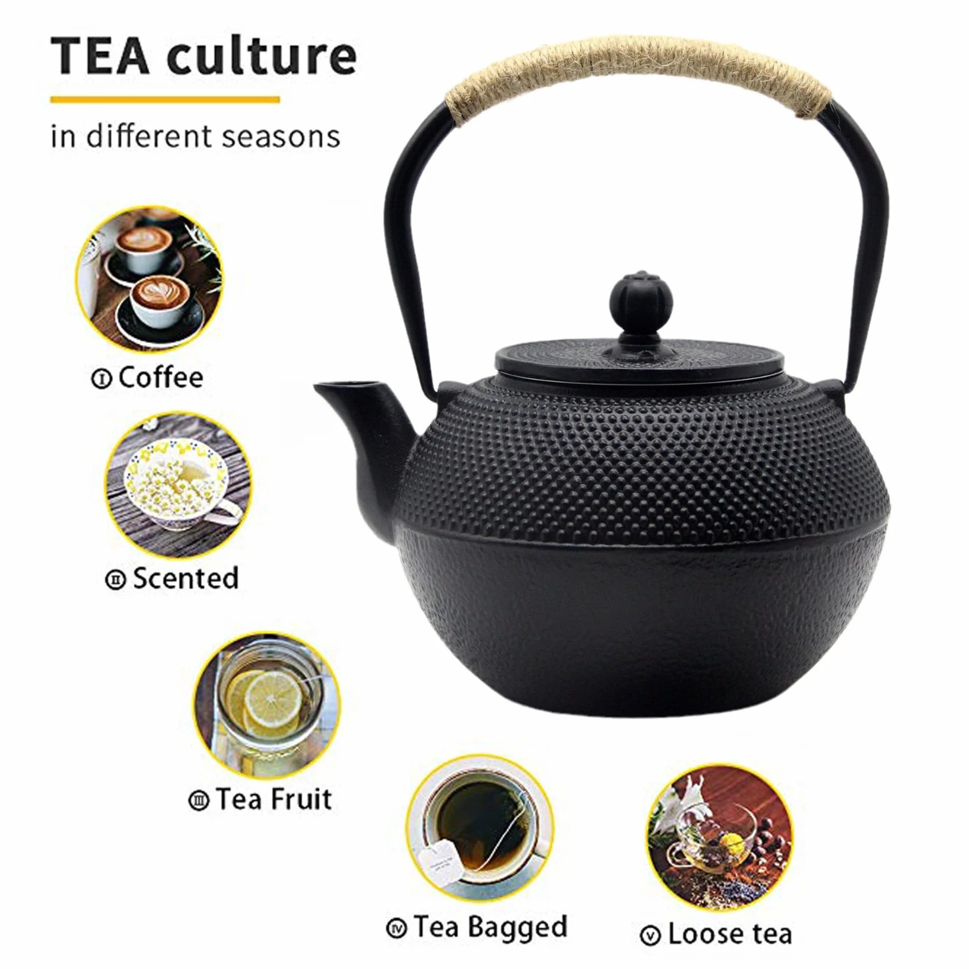 Juego de tetera de hierro fundido con calentador de hierro fundido, juego de tetera japonesa Tetsubin con tazas, tetera de hierro fundido con infusor de acero inoxidable e interior esmaltado (juego de