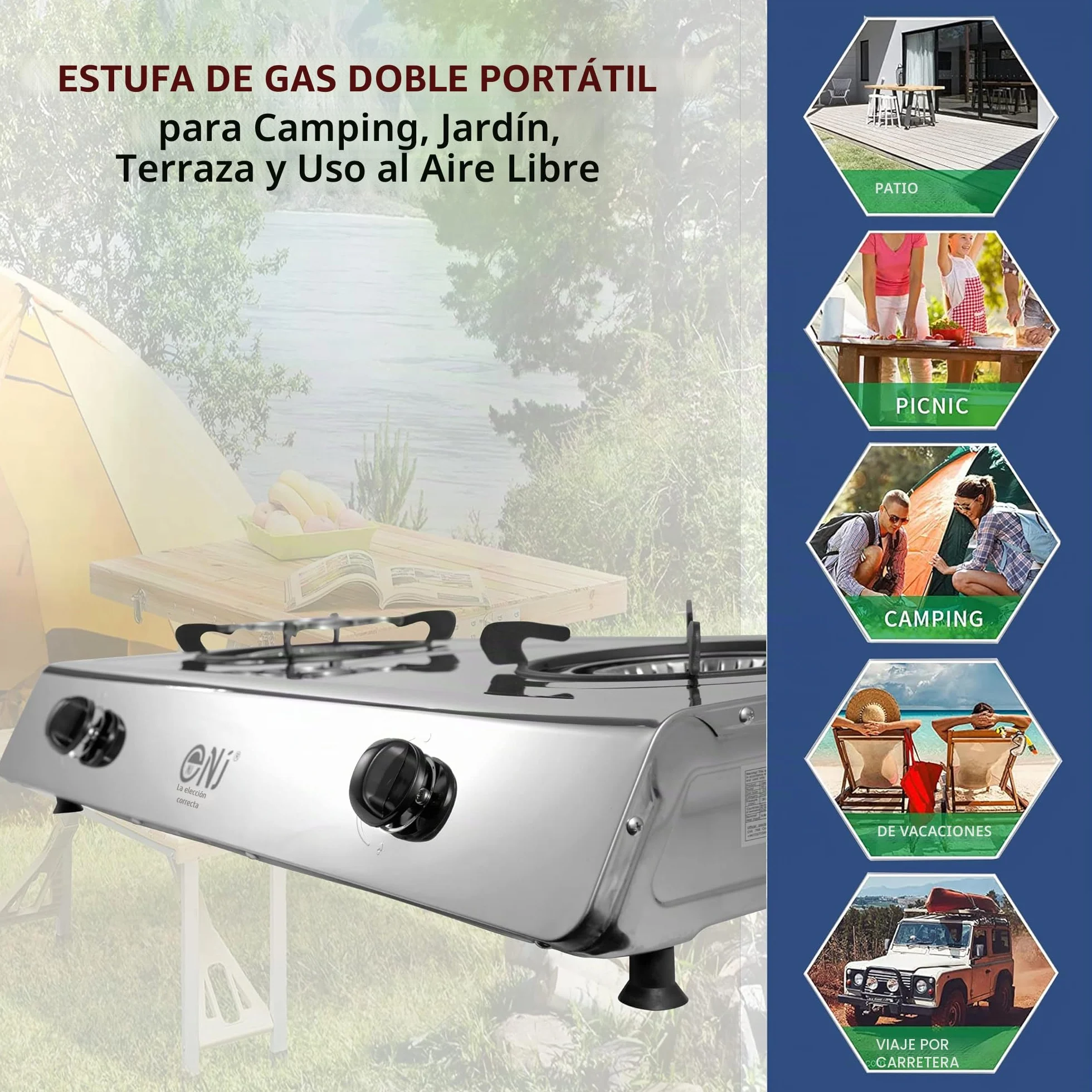 NJ-200 Cocina de Gas Portátil - 2 Fuego Hornillo Camping Gas GPL