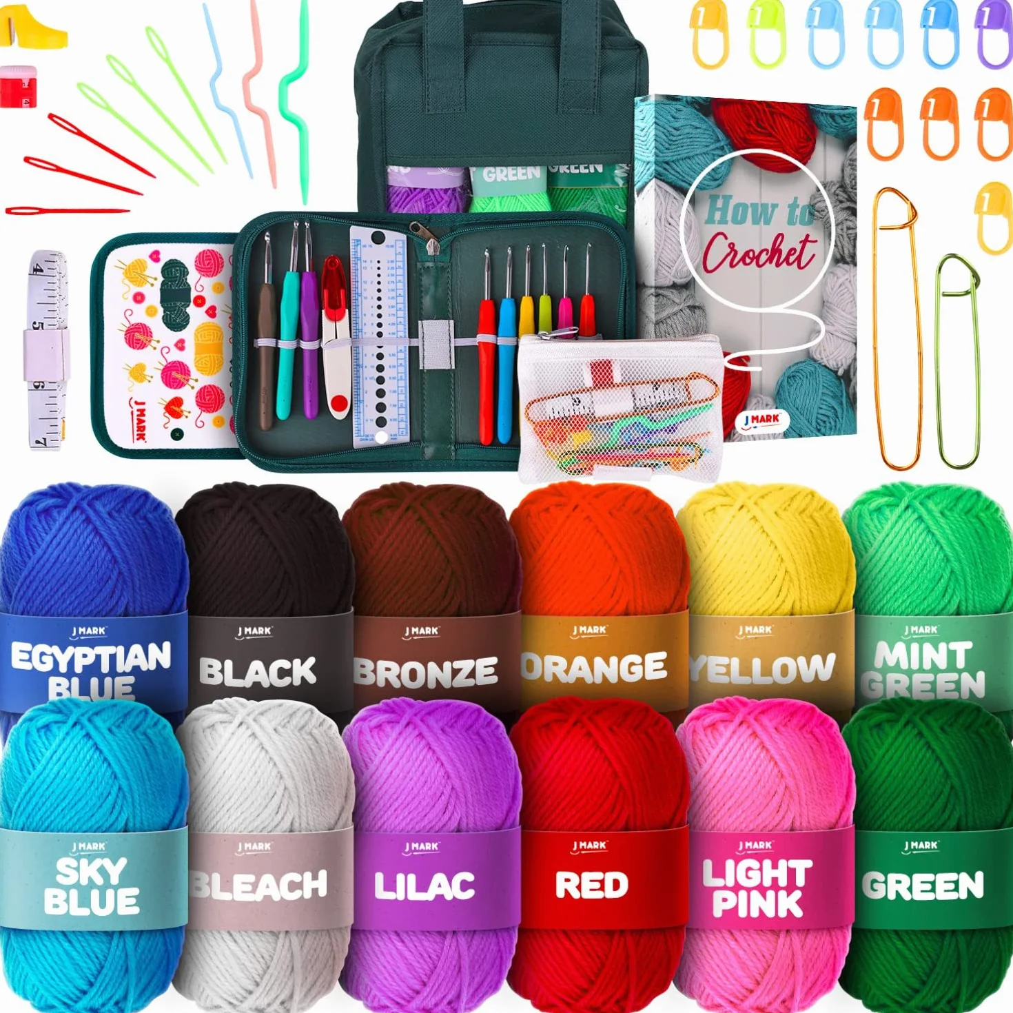 Kit de ganchillo de 51 piezas con juego de hilos: paquete premium incluye 9 ganchos de ganchillo, 12 bolas de hilo de ganchillo acrílico, 6 agujas, libro, bolsas y más – Principiante y profesional