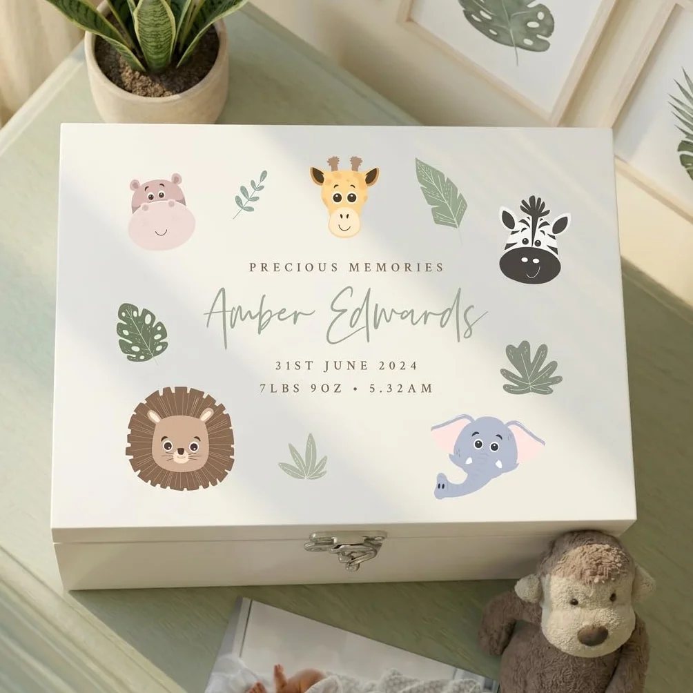 Caja de recuerdos personalizada de madera blanca con animales de la selva | Baby Shower, nuevo bebé | 27 x 19 x 14 cm