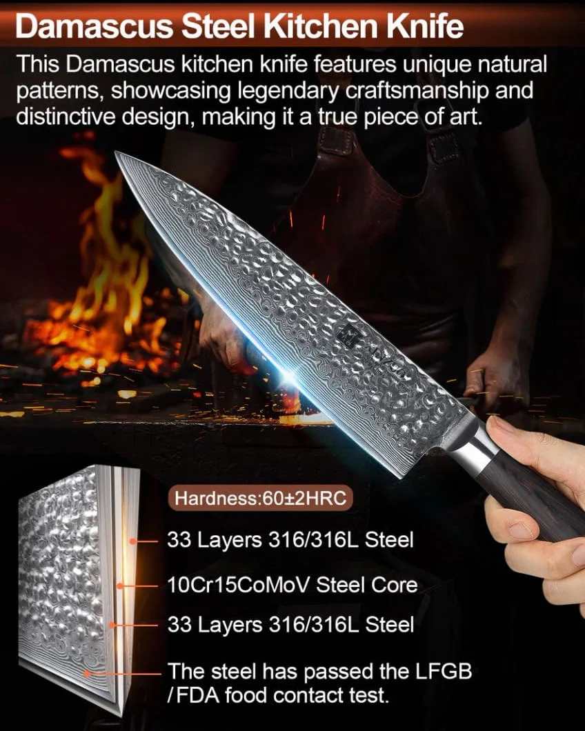 XINZUO Cuchillo de Cocinero 20.1cm de Acero Damasco, Cuchillo Chef Profesional Cuchillos de Cocina Cuchillo para la Carne con Ergonómicamente Mango de Madera de Pakka- He Serie