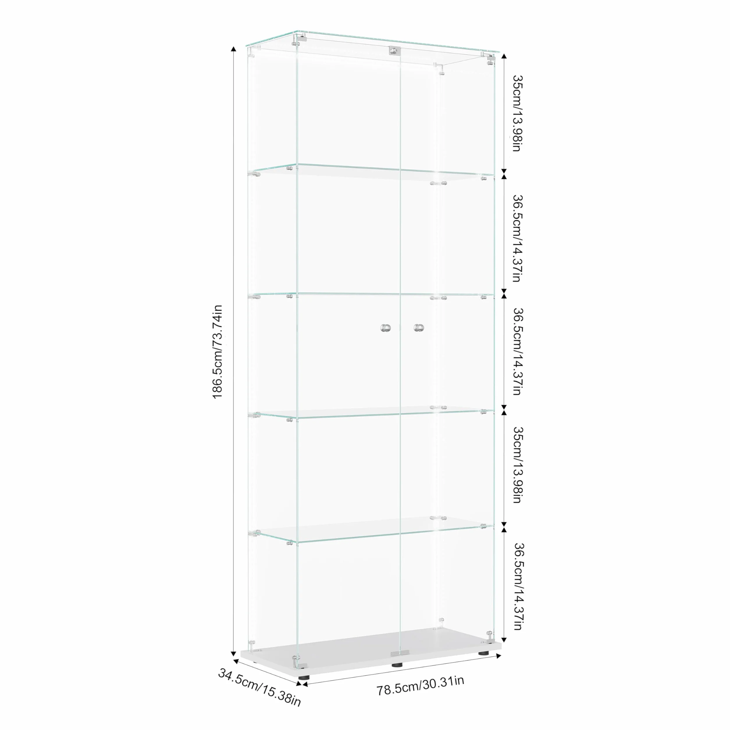 Vitrina de vidrio con 5 estantes, 2 puertas de exhibición con base de vidrio con LED y cerradura, gabinete moderno para colección de vasos, vitrina de exposición vertical para el salón (blanco-6B