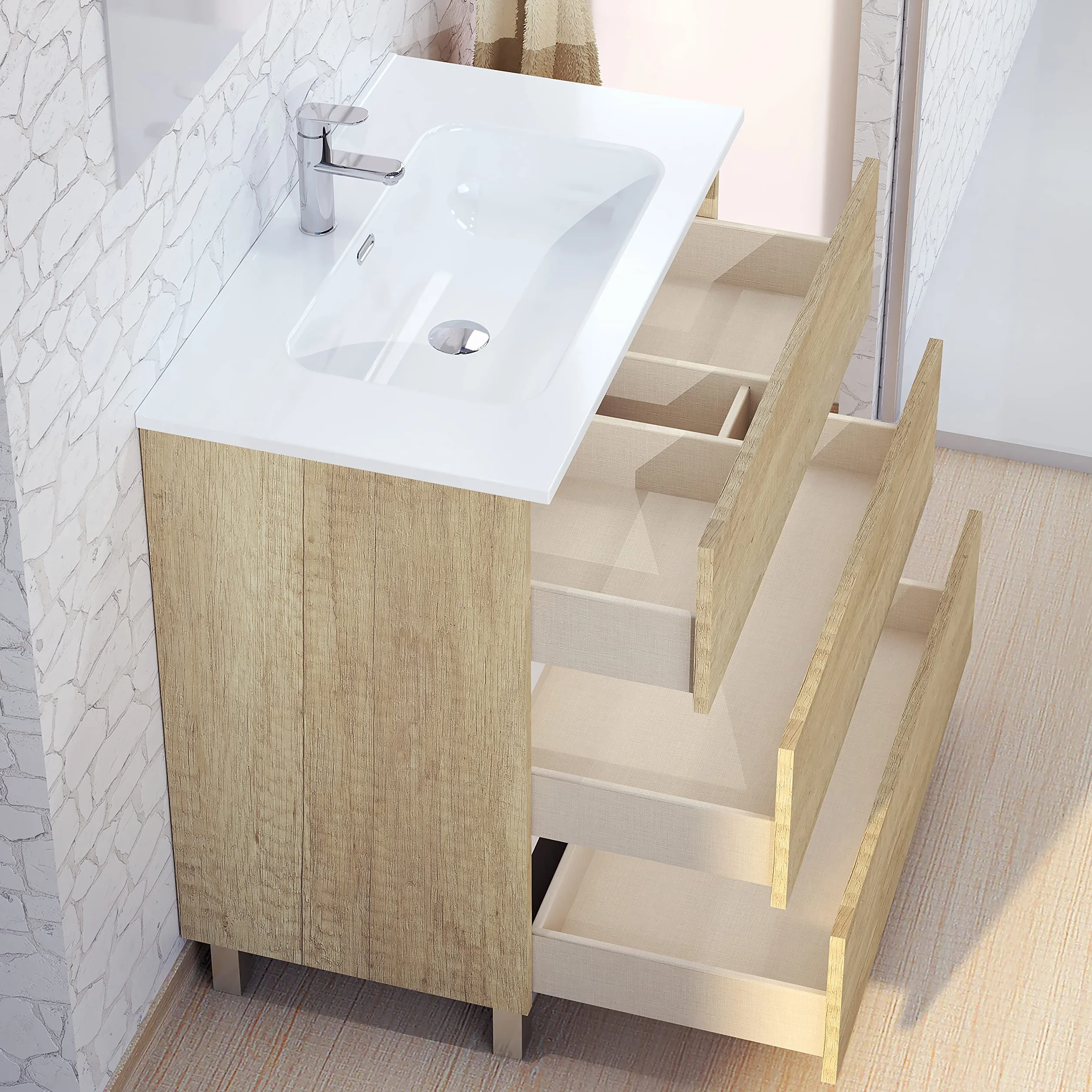 Baikal Conjunto de Mueble de Baño Neo con Espejo Luna Lisa, 3 Cajones, Melamina 16mm, Montado
