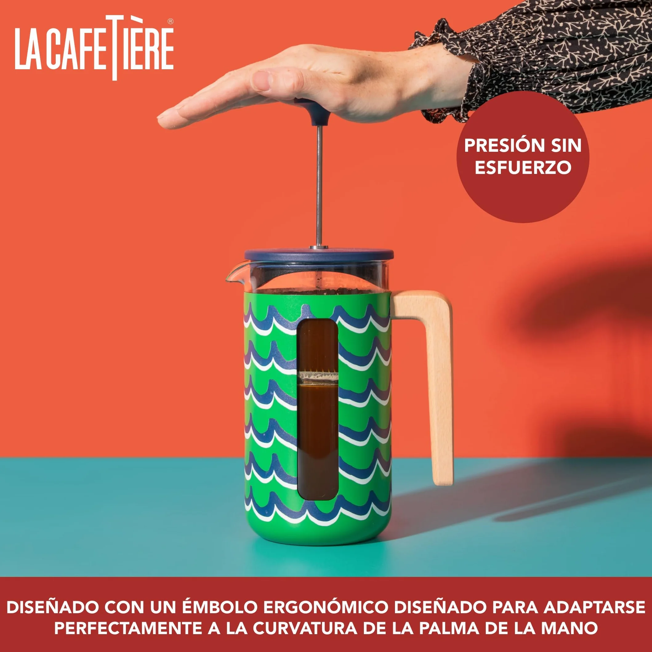 La Cafetière Pisa - Cafetera grande de prensa francesa con diseño de remolino, cafetera de cerámica resistente al calor de 1 L con émbolo de fácil agarre, té suelto y café molido, Cyan Tides