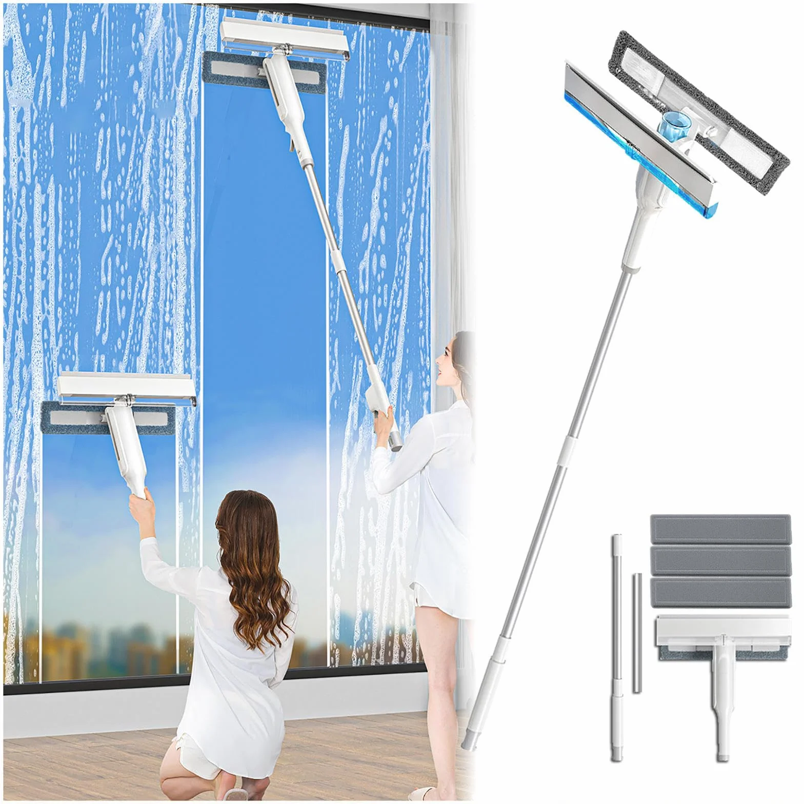 4 en 1 Spray Limpiador De Cristales con Colector De Aguas Residuales Y 3 Paños Microfibra, Limpiador Cristales con Varilla De Extensión para Ventana De Coche De Ducha