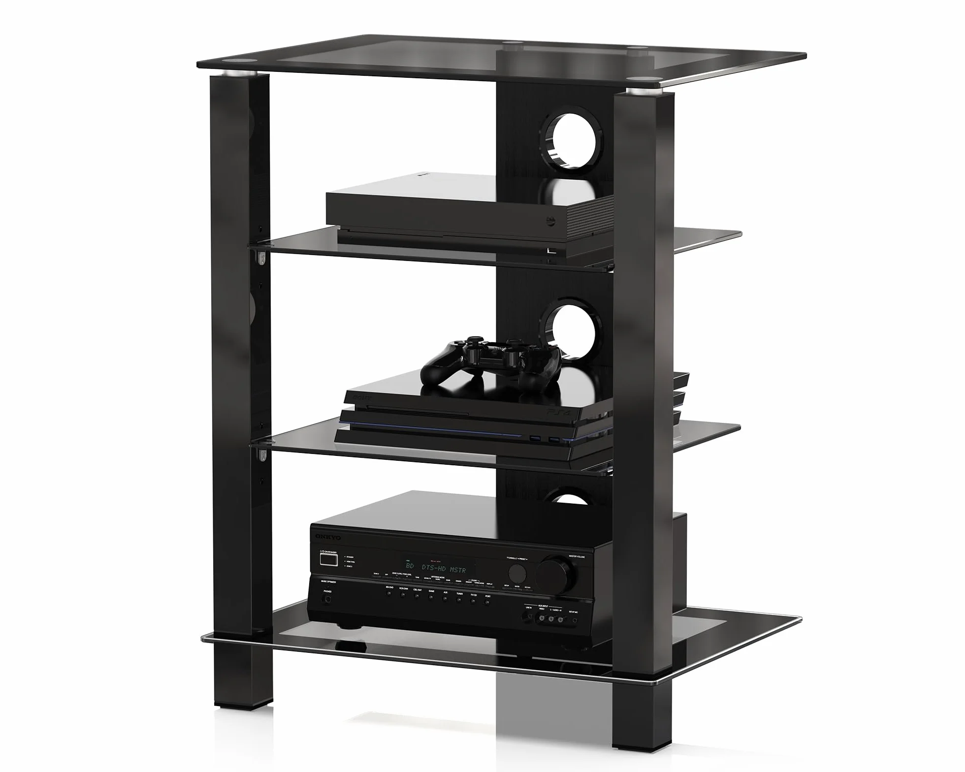 FITUEYES Mueble HiFi Negro con 4 Estantes de Cristal Templado,Mueble HiFi Mesa con 3 Columnas y Gestión de Cable,57 * 42 * 73.9cm