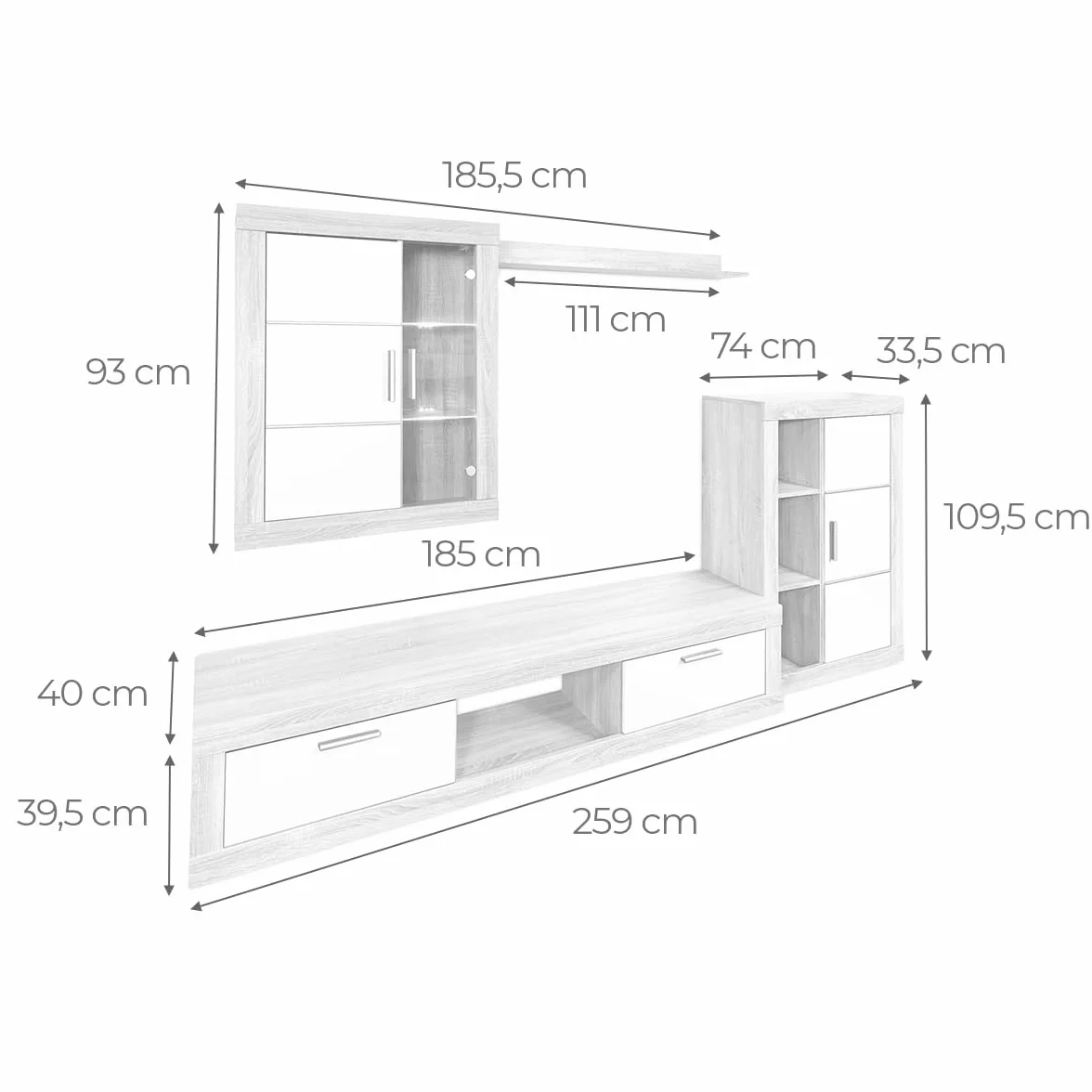 Homey - Mueble de Salón Moderno con Leds, Módulos de Comedor, Modelo Freim, Acabado en Cambria y Grafito, Medidas: 259 cm (Ancho) x 132,5 cm (Alto) 40 cm (Fondo)