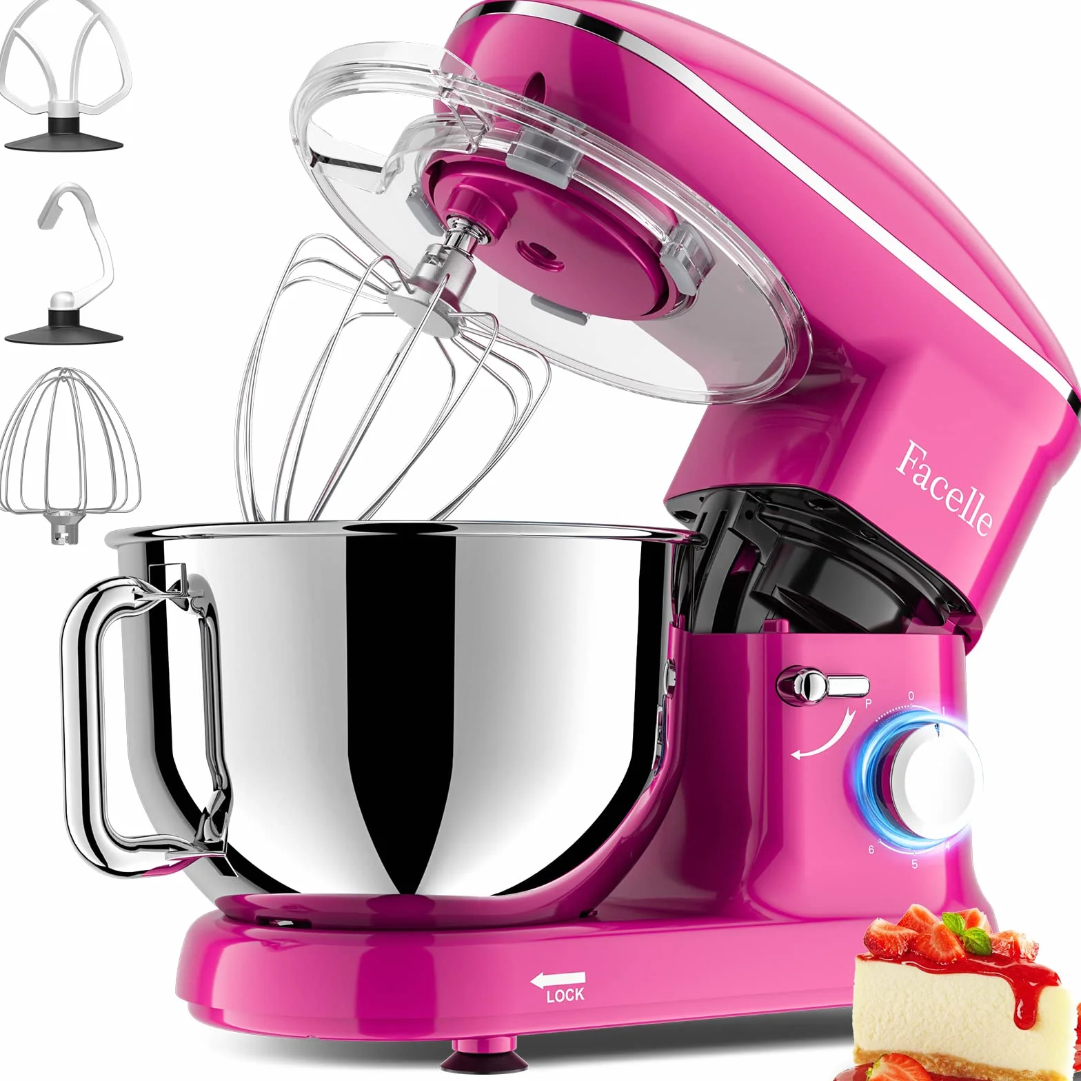 Batidora Amasadora 2000W, Facelle Amasadora de Pan Repostería Multifunción Tazón de Acero Inoxidable de 6,2LGancho para Masa,Batidor Plano, Batidor,Protector de Salpicaduras(Rosa)