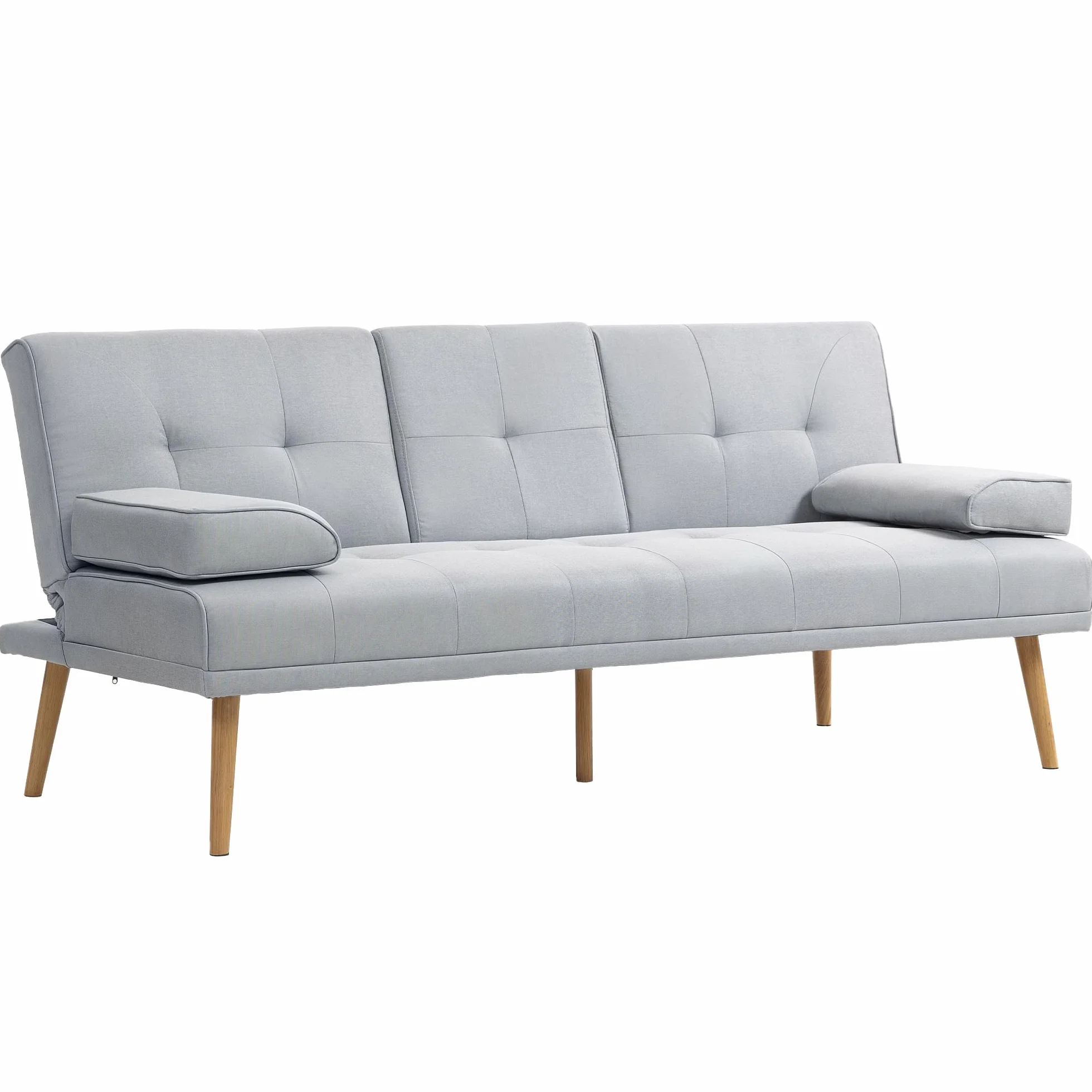 HOMCOM Sofá Cama 3 Plazas, Mesa Abatible con 2 Soportes para Vasos, 181x77x78 cm, Sofá Cama con Respaldo Ajustable, Apertura Clik-Clak, Reposabrazos Desmontables, Patas de Madera, Gris Claro