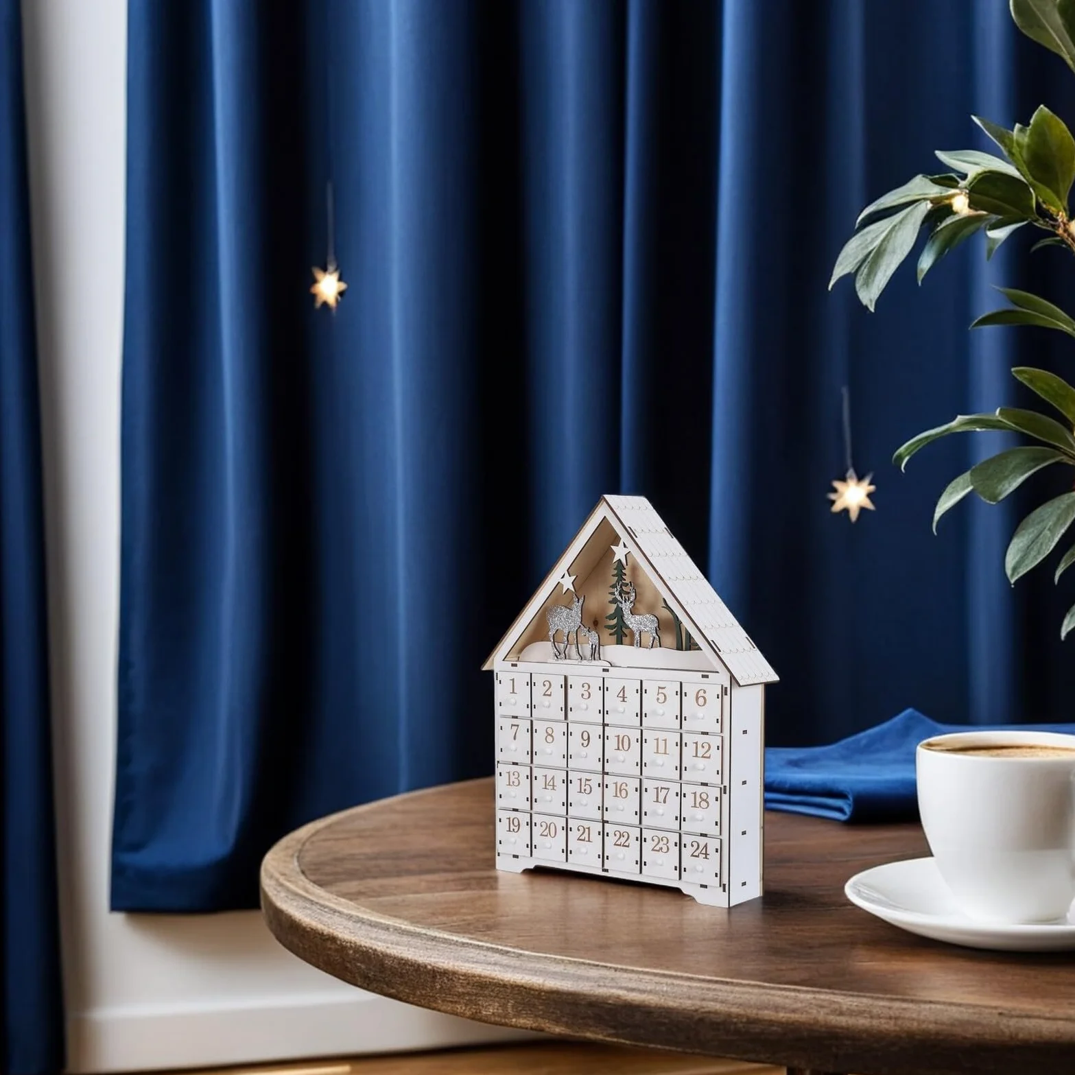 Calendario de Adviento de Madera con Luces LED y Cajones Reutilizables Decoración Navideña con Reno y Casa para Regresiva Hogar Calendario Compacto para Almacenaje Navidad