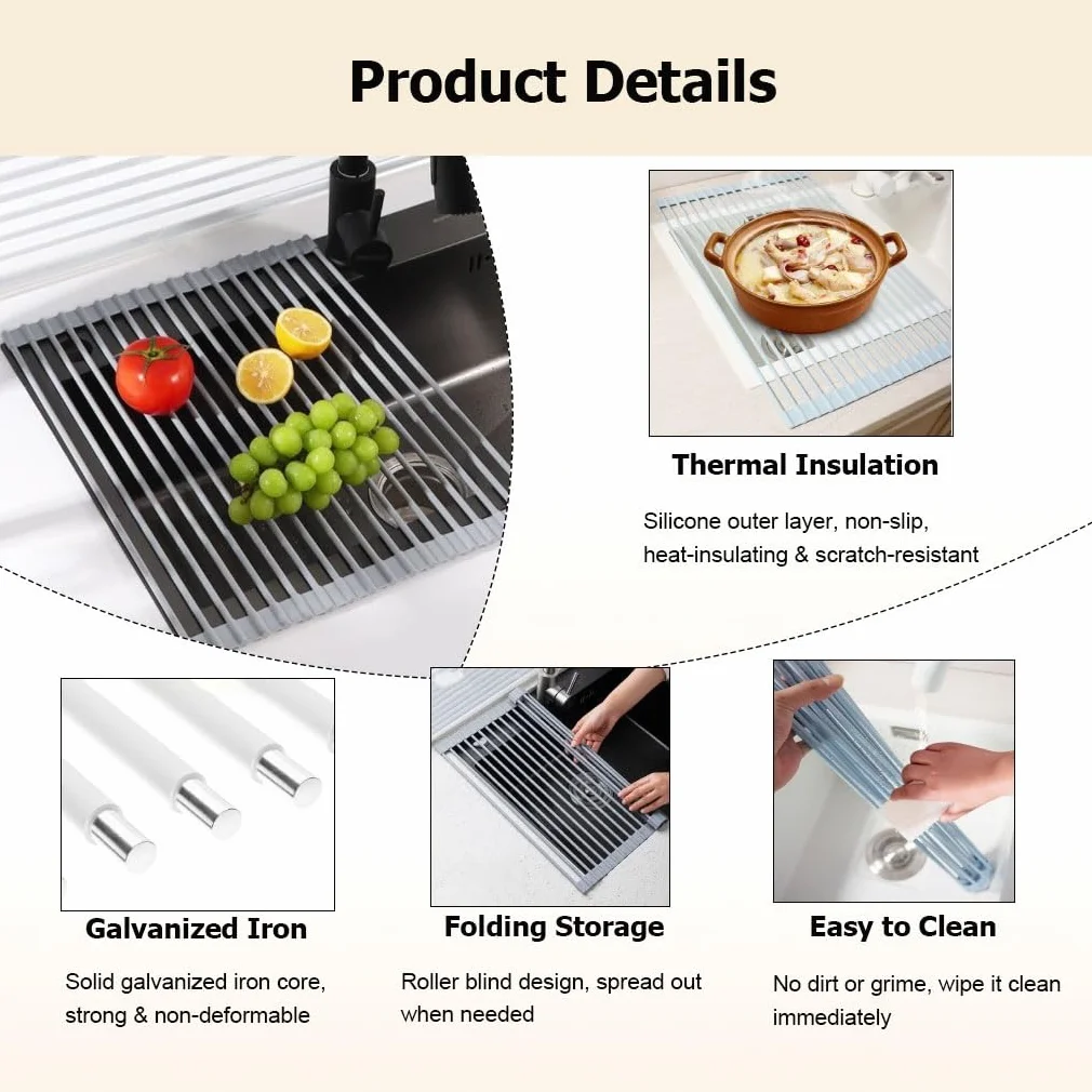 Escurridor de platos enrollable sobre el fregadero de 33, 43 y 52 cm, plegable, envuelto en silicona, antideslizante y resistente al calor. Escurridor de platos multiusos para encimera de cocina.
