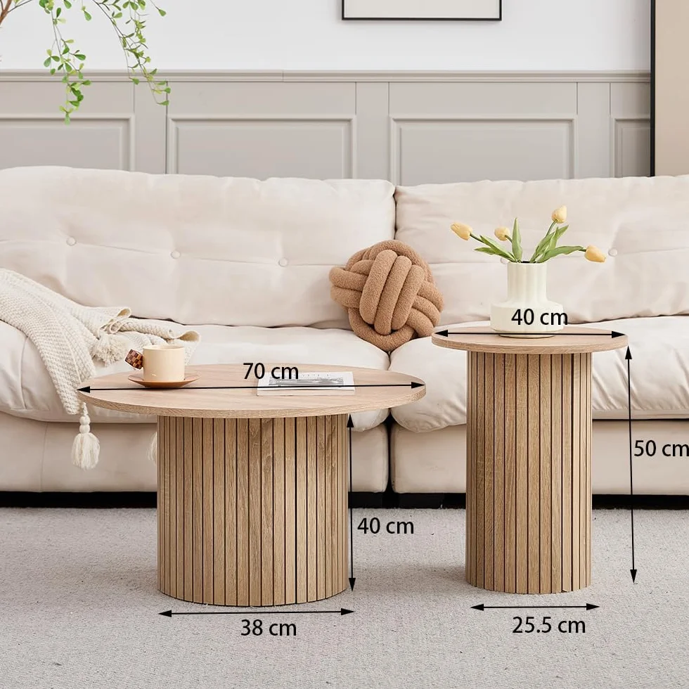 GrandCA HOME - Juego de 2 Mesas de Centro Redondas, Mesa Auxiliar de Sofá Redonda, Tablero de MDF con Base de Listones de Madera, Ideal para Sala de Estar y Oficina (Veta de Madera Natural)