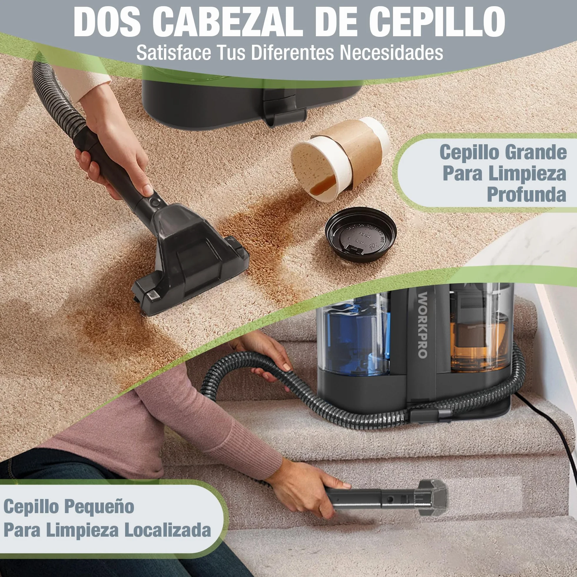 WORKPRO Aspiradora de Agua Tapiceria, Limpiador de Tapicerias de 450W, Aspiradora para Alfombras con Detergente, Limpia Moquetas, Maquina Aspirador para Tapicerias, Sofá, 75 dB