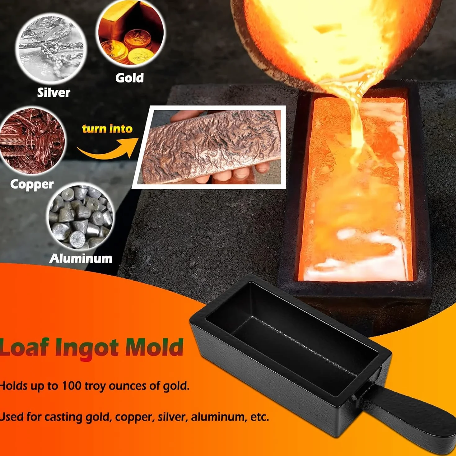 Molde de lingote de hierro fundido para lingotes de oro de 100 onzas, pan de hierro fundido, ideal para fundir, fundir, fundir, terminar oro, plata, cobre, aluminio, latón, metales preciosos
