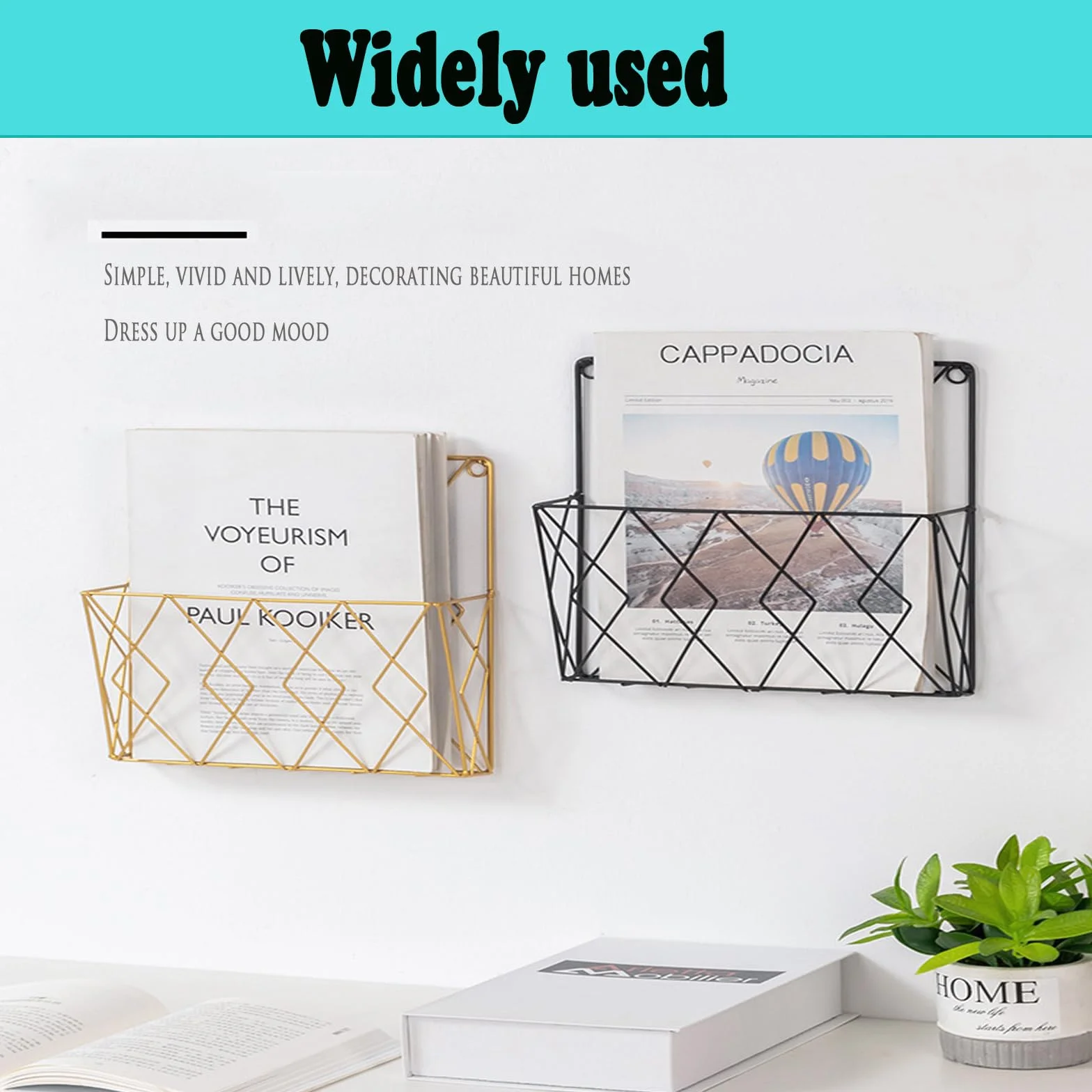 Estantería de pared metálica dorada para revistas y periódicos
