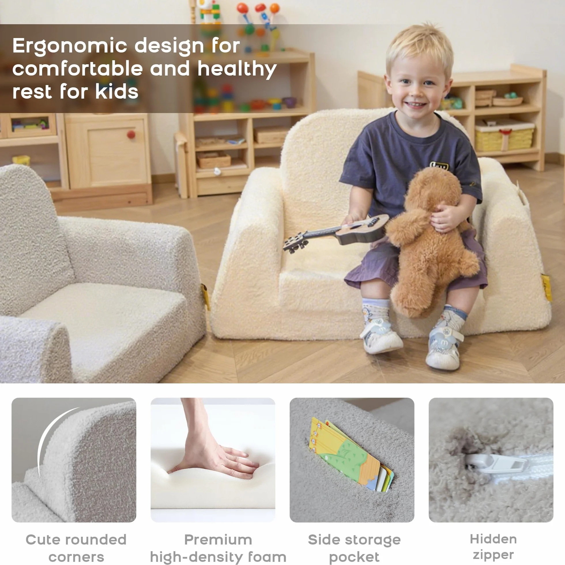 BanaSuper Sofá Cama Infantil 2 en 1, Sillón Convertible y Cama Plegable para Niños, Tejido Sherpa Suave, Funda Desenfundable Lavable, Regalo del Niño y Cumpleaños, Gris