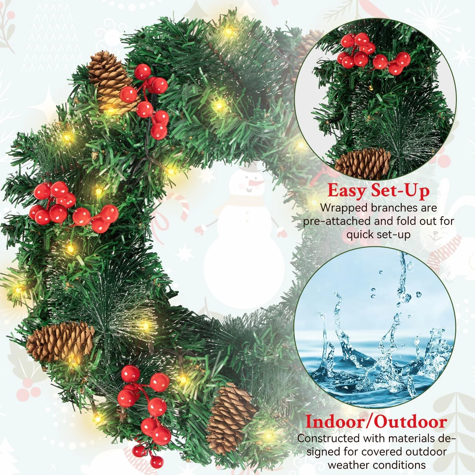 16in Corona Navidad Puerta Grande con 40LED Luces, Guirnalda Navidad Verde con piñas y Frutos Rojos, Artificial Corona Navideña Decoración Navidad para Puerta, Chimenea, Pared, Ventana