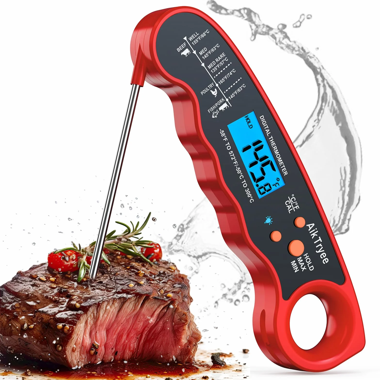Termómetro digital de lectura instantánea para carne, cocina, alimentos, caramelos, para aceite, freír, barbacoa, parrilla, ahumador, termómetro AikTryee