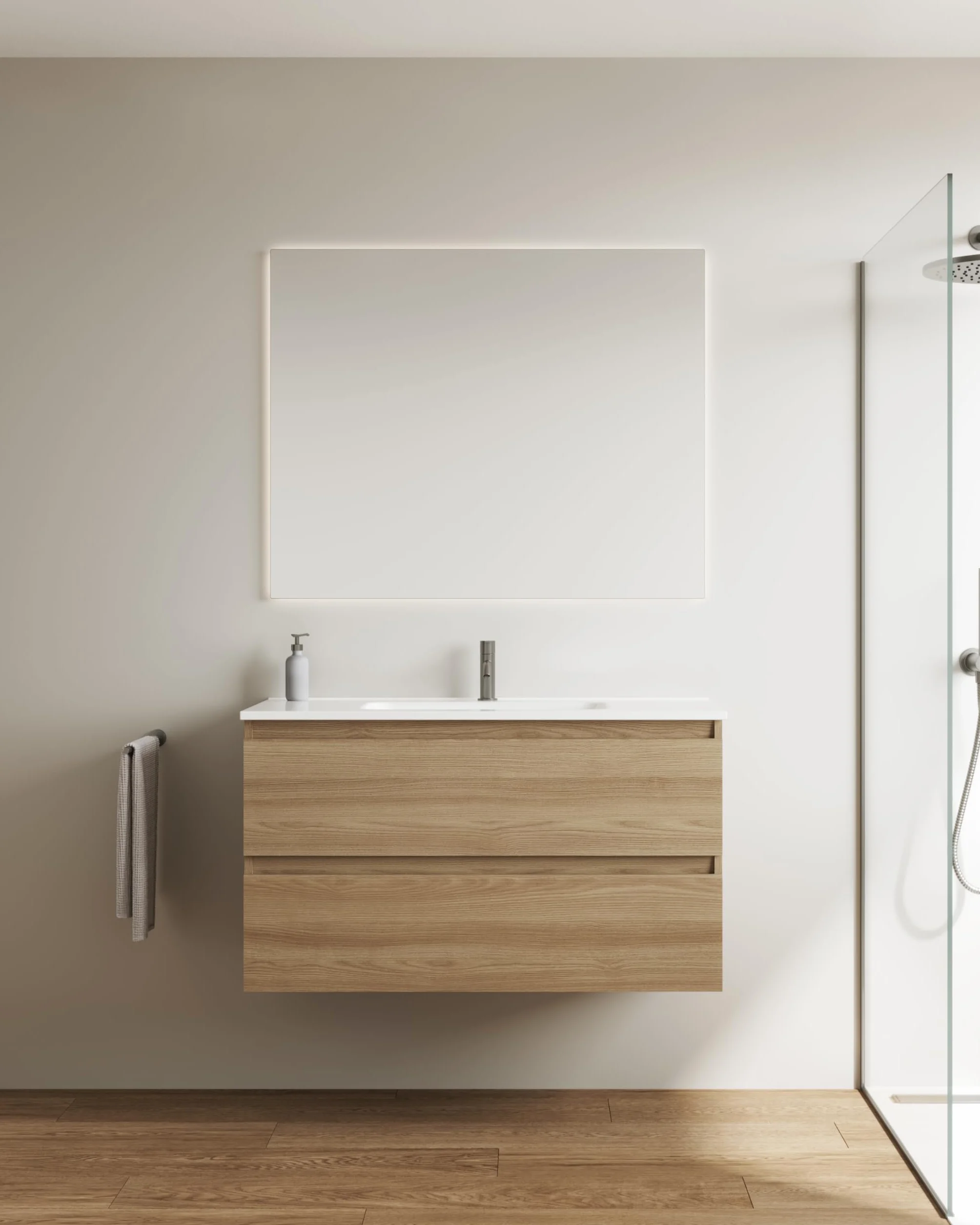 EstiloBaño Aurora Conjunto Mueble de Baño Suspendido 2 Cajones Lavabo 60 cm Blanco Nogal