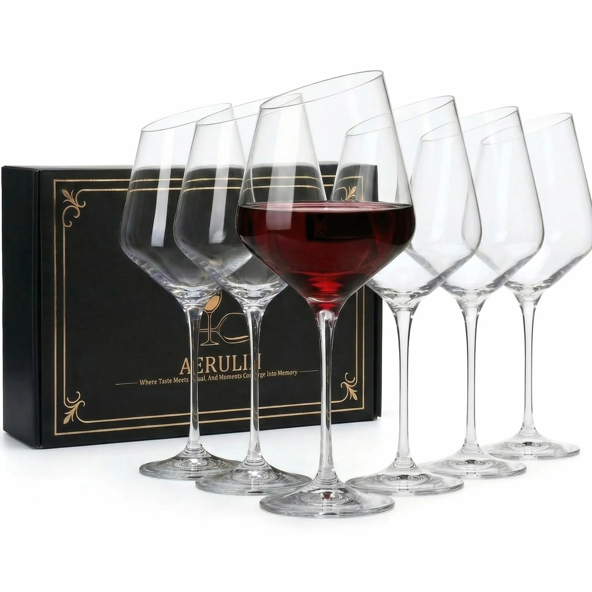 Juego de 6 copas de vino de cristal con borde inclinado, copas de vino tinto sopladas a mano, juego de copas de vino transparentes sin plomo, copas de vino grandes, regalo para mujeres y