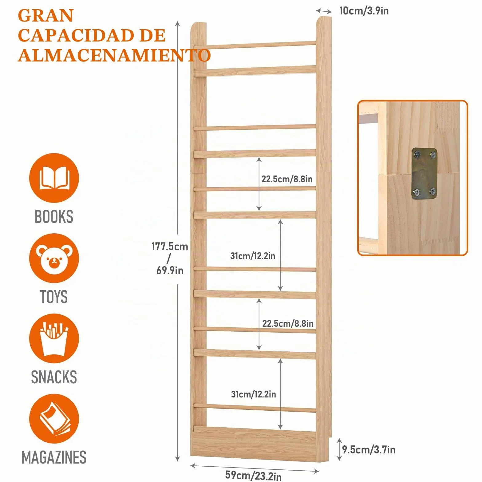 MYOYAY Estantería para niños detrás de la puerta, soporte de pared, organizador de 6 niveles para juguetes y libros, ahorra espacio, estantería estrecha de madera maciza