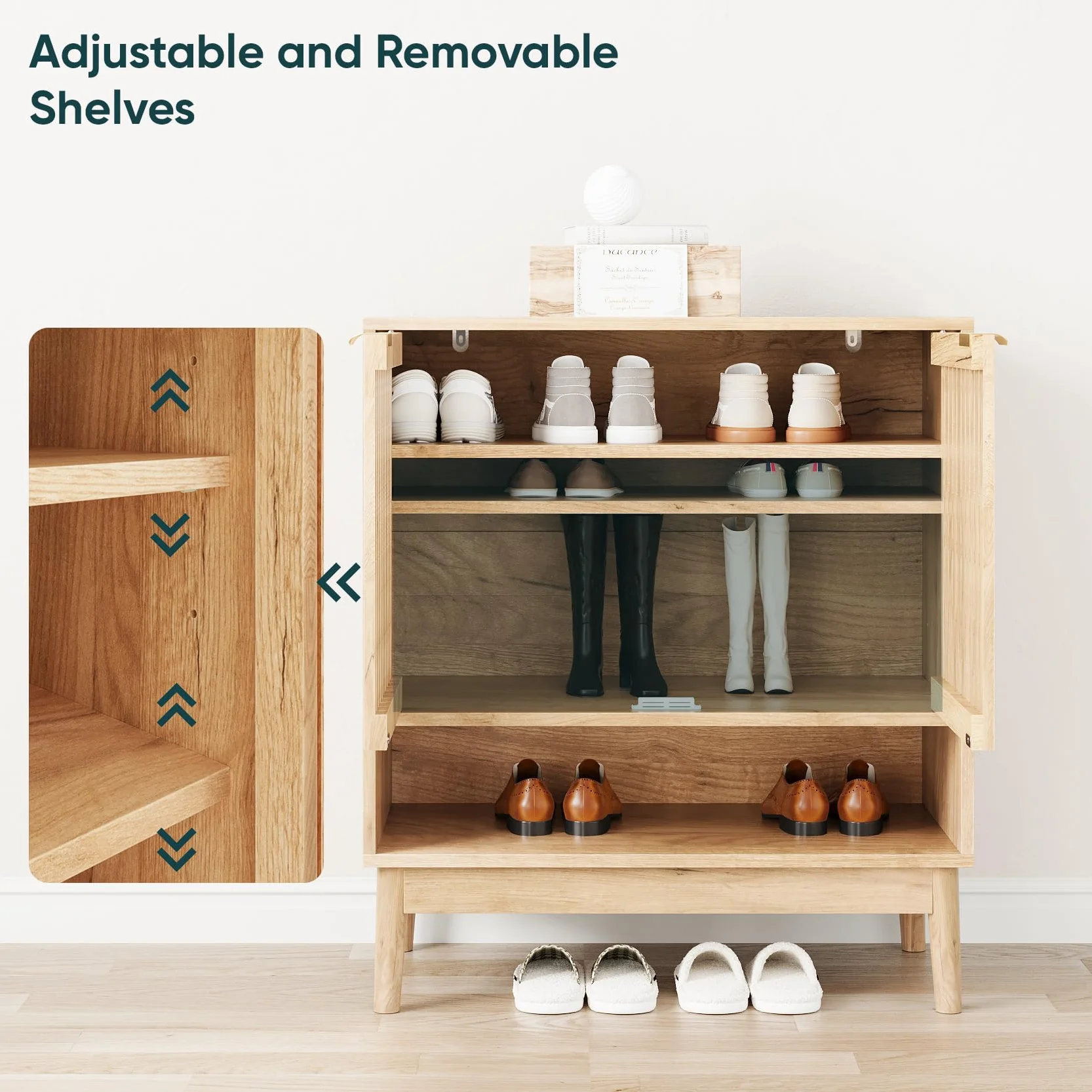 Kiasthome Zapatero de Madera con Estantes Ajustables, Organizador de Zapatos con Puertas Rejilladas, Mueble Zapatero para Entrada, Pasillo y Salón, Diseño Moderno (Madera Natural, 70 cm)