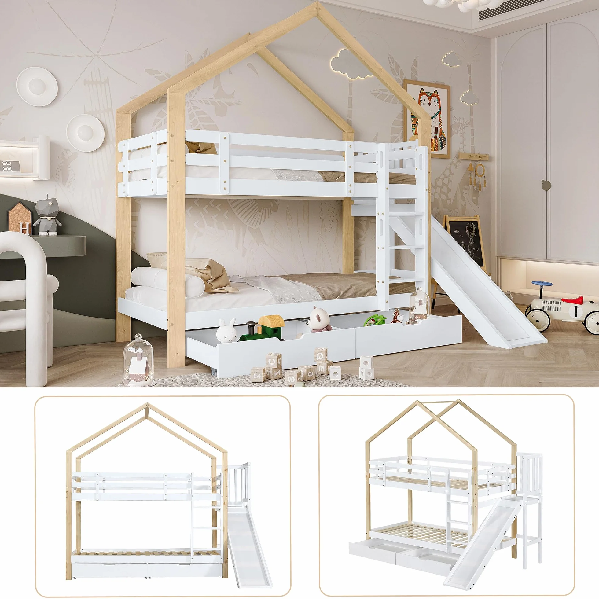 Litera con tobogán y escalera angular de tres niveles, cama con protección contra caídas, cuna, marco de cama de madera maciza, color blanco y natural, 90 x 200 cm (con 2 cajones)