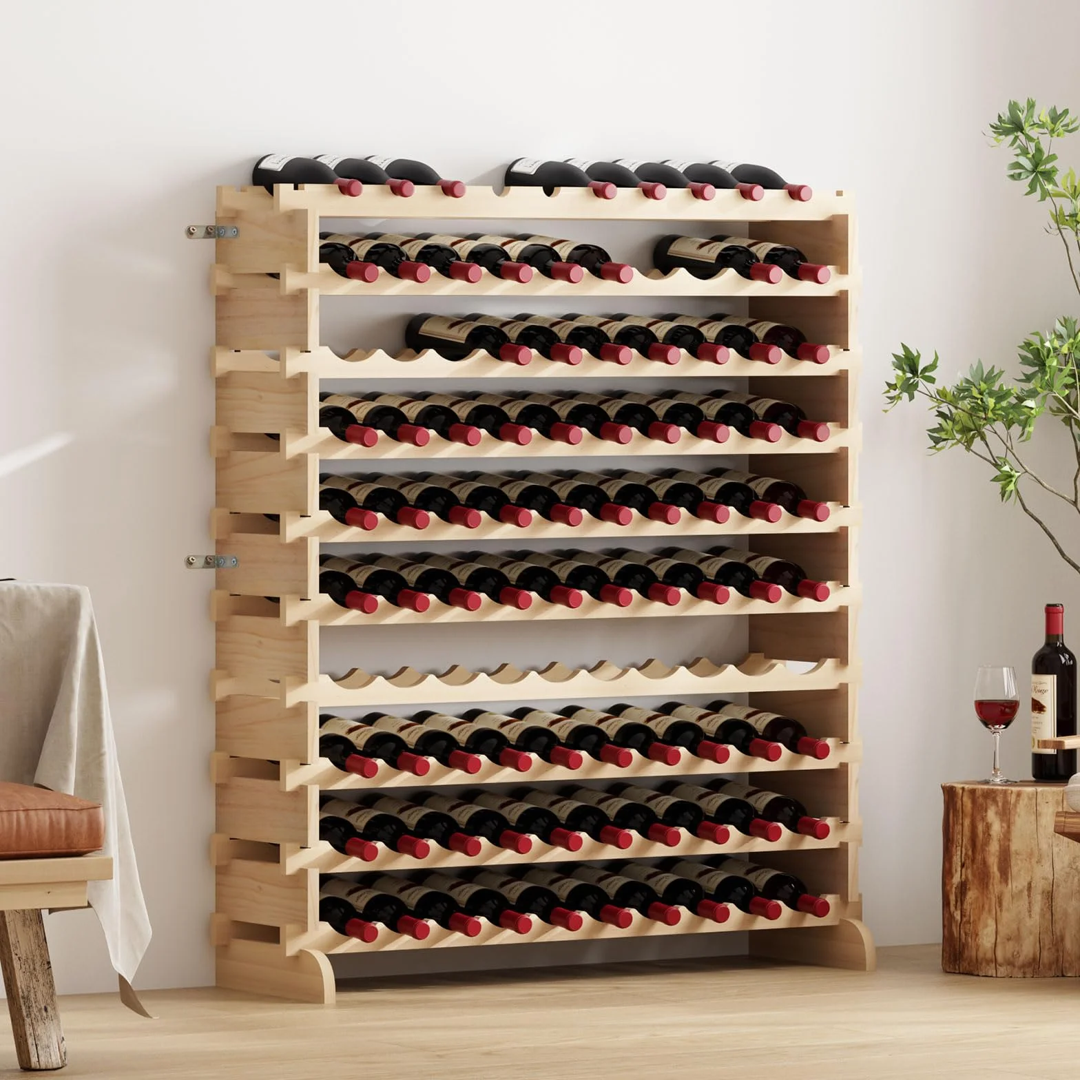 SogesHome Botellero apilable para Vino de 10 Niveles, Almacenamiento de Vino para 100 Botellas, Soporte para Botellas de Vino de Madera