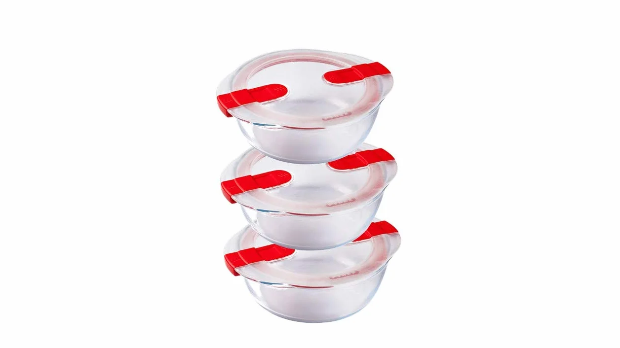 Pyrex Cook & Heat Cook & Heat – Juego de 3 alimentos redondos de cristal 1,1 L con tapa hermética especial para microondas – Cajas de conservación