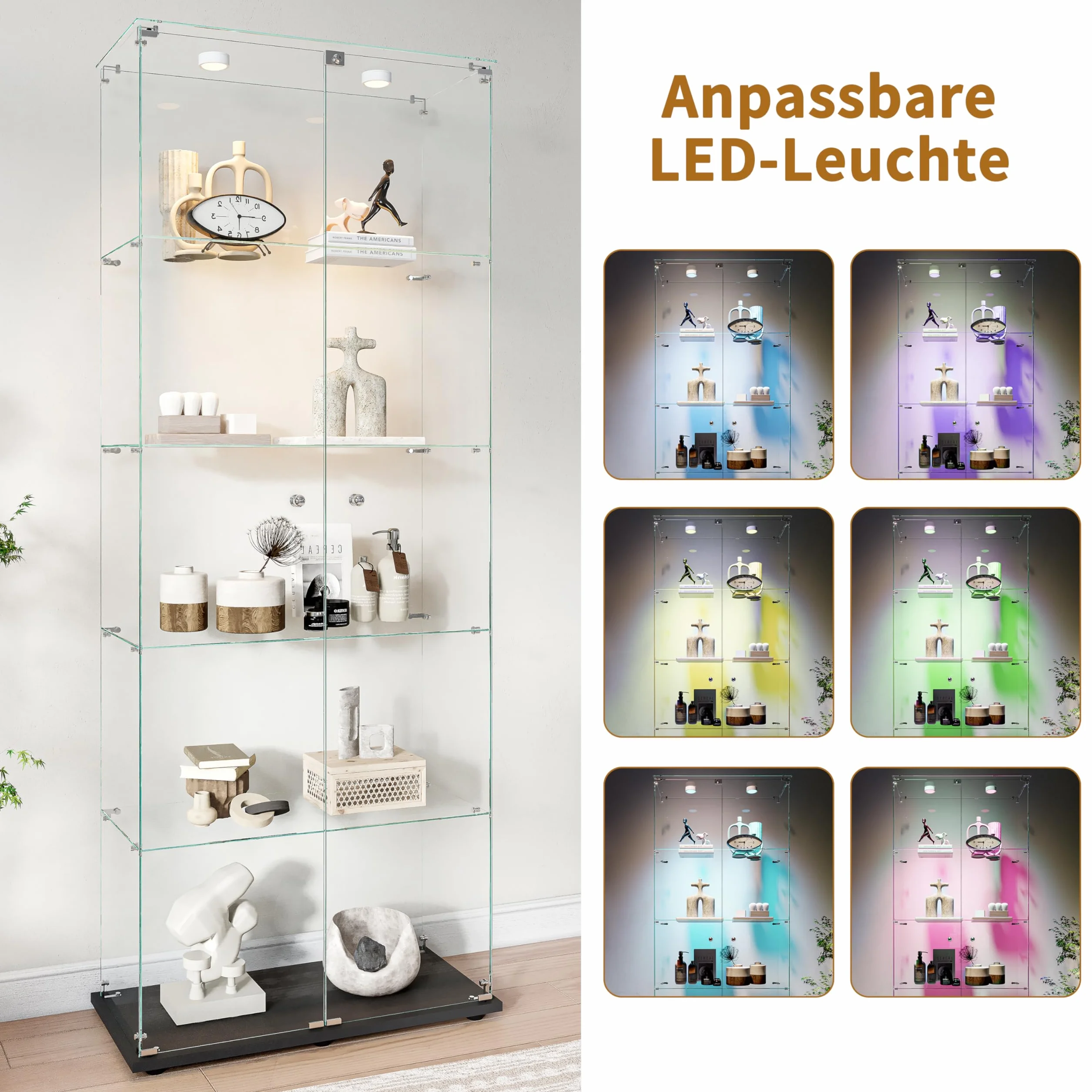 Armario De Exhibición De Vidrio Con 5 Estantes Y 2 Puertas, Vitrina De Pie Con Luces LED, Adecuado Para Sala De Estar, Dormitorio Y Oficinas