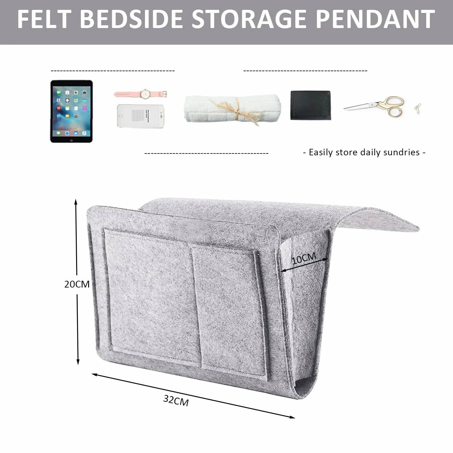 Bolsa de almacenamiento de fieltro para cabecera, organizador de noche, varios bolsillos, gris