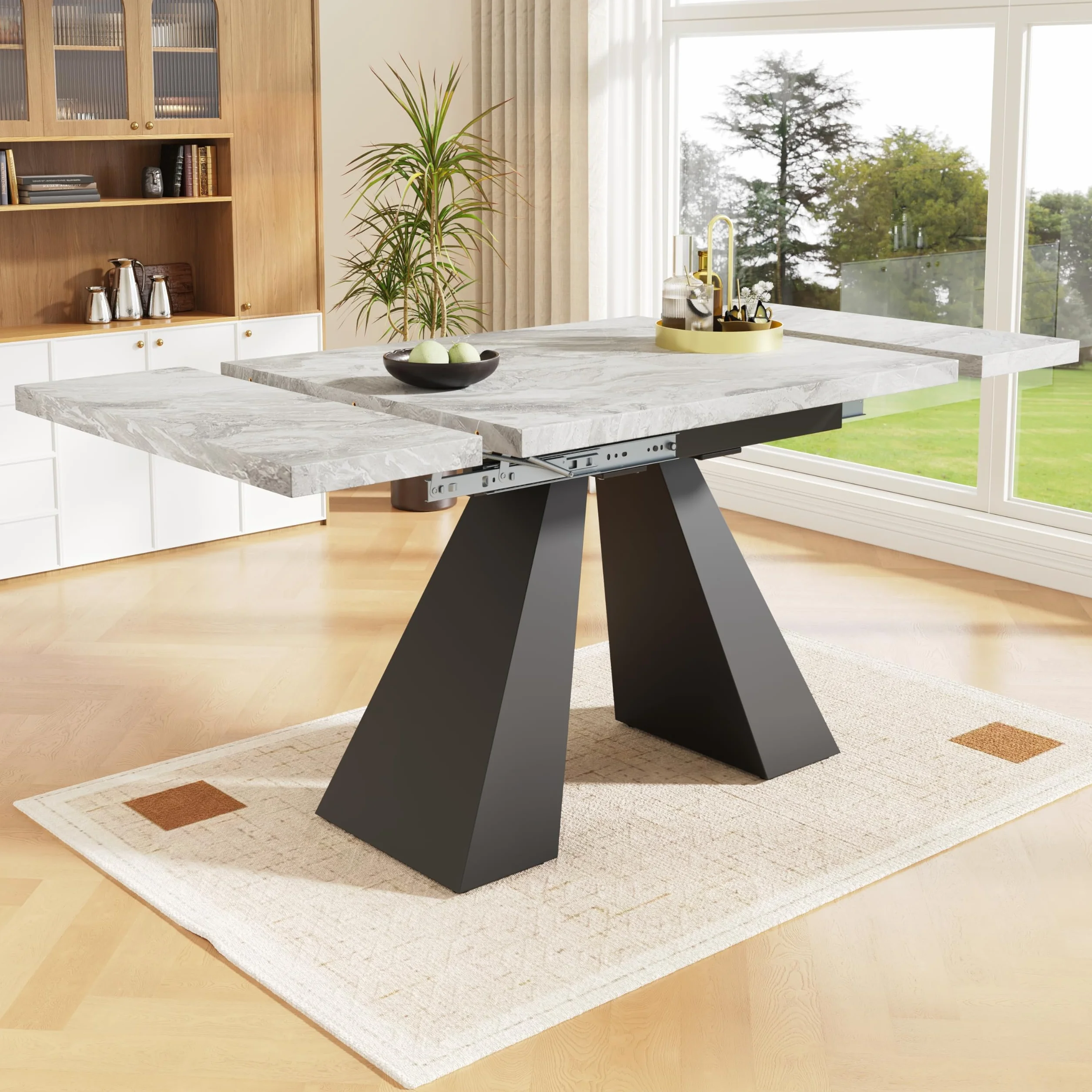 Mesa de comedor extensible 99 – 159 x 74 x 77 cm con aspecto de mármol y patas de columna de acero al carbono – Mesa telescópica con amplia superficie de trabajo, mesa de cocina multifuncional