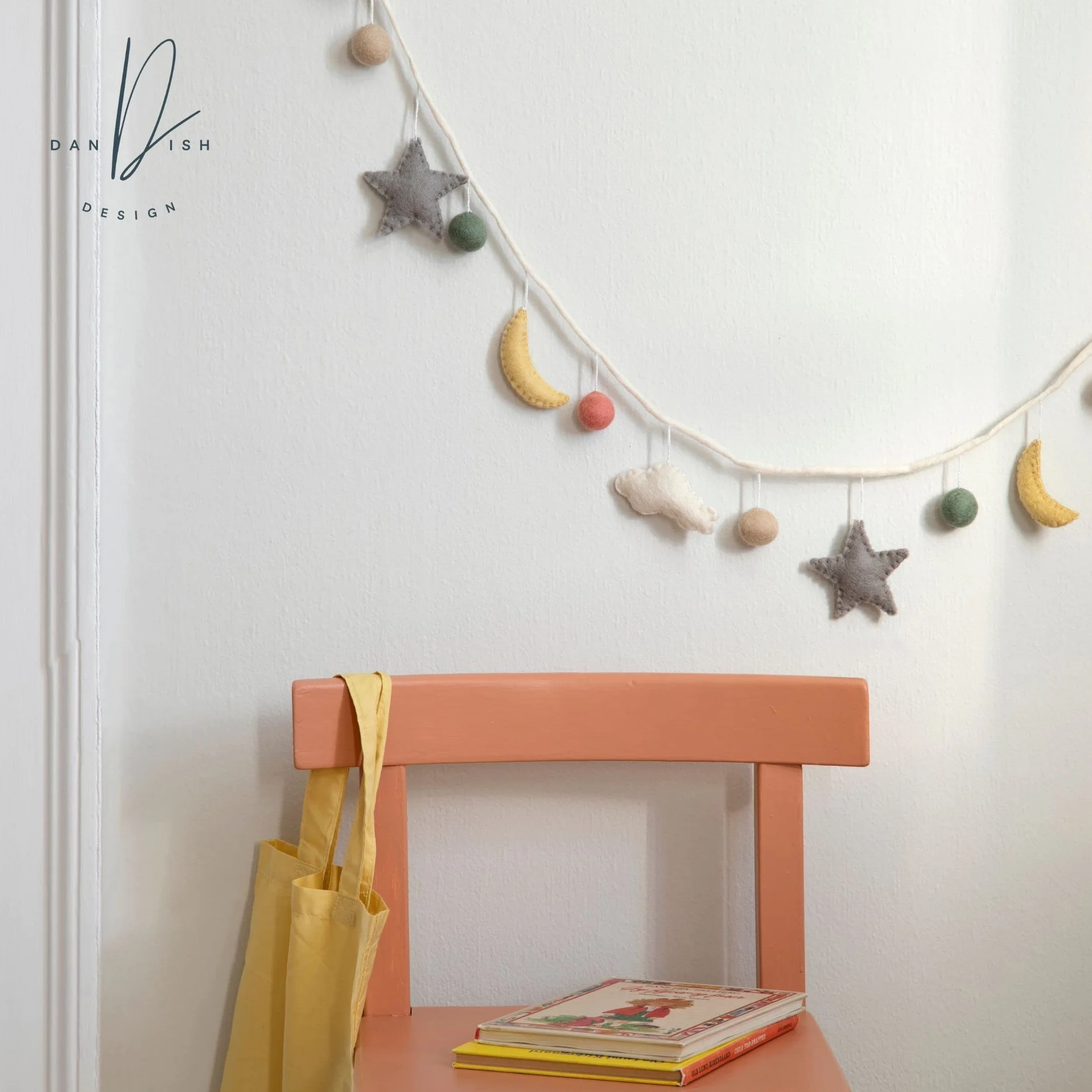 Én Gry & Sif Guirnalda de luna y estrellas de fieltro 190 cm decoración pared habitación infantil