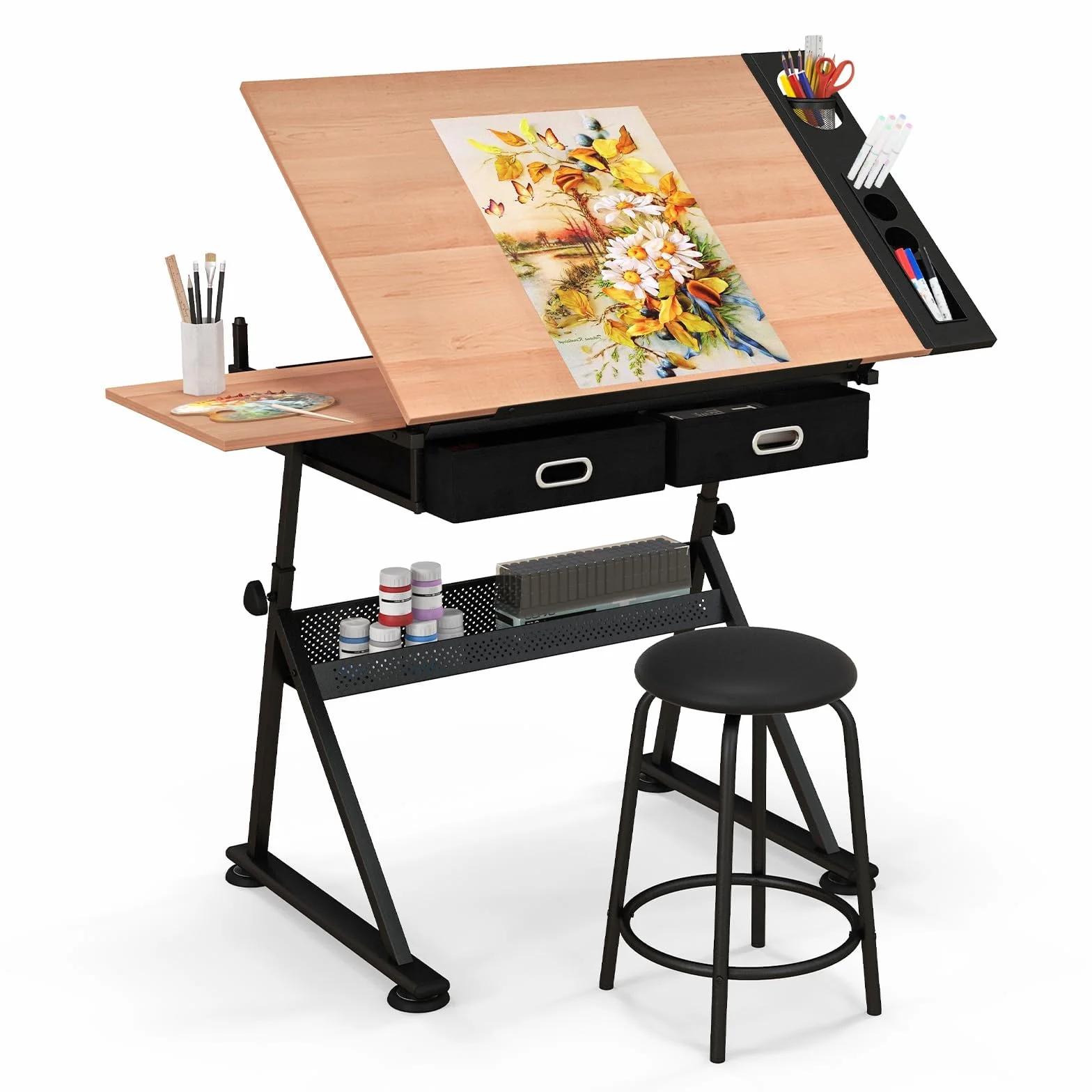 FANTASK 52822NAHW-VC Mesa de Dibujo, Madera de ingeniería Cloruro de polivinilo Metal, Naturaleza, 119 x 61,5 x 73,5-98 cm
