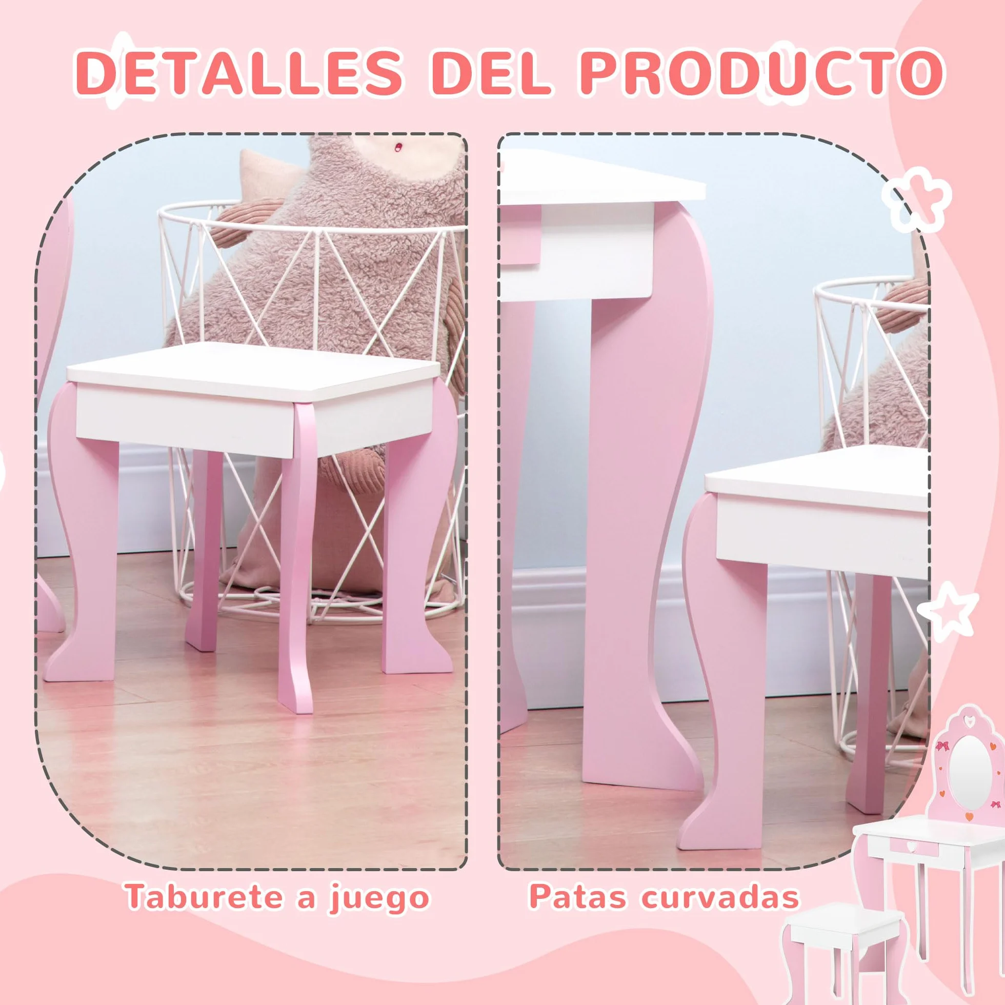 ZONEKIZ Tocador Infantil Madera con Espejo y Taburete para Niñas 3-6 Años 50x36,5x89,5 cm Rosa