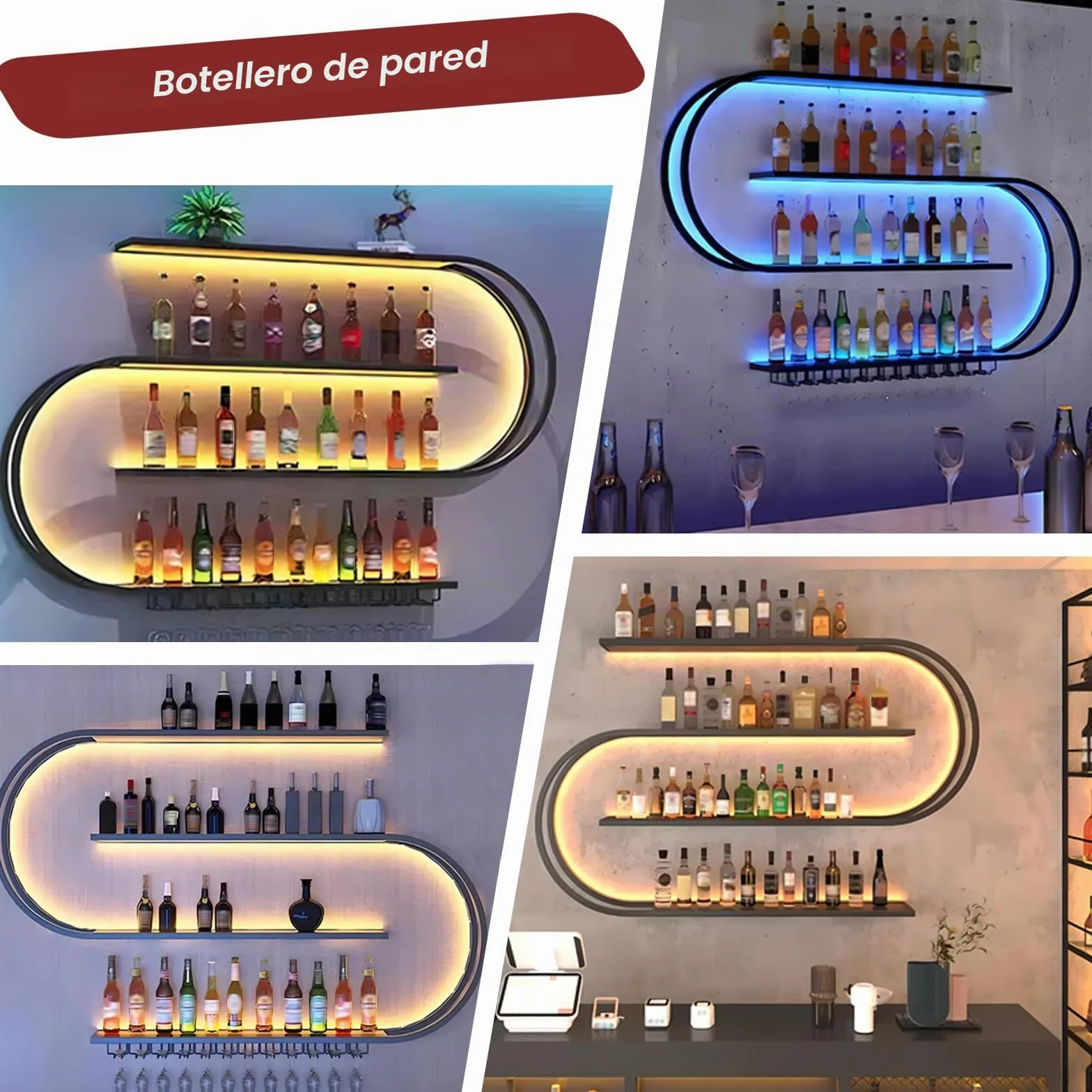 Botellero de Pared, Botellero Semicircular 4 Niveles Estante Bar Flotante con Ganchos para Copas de Vino, Estante Industrial de Metal para Exhibir Botellas Adecuado para Bar Decor (Negro, 120cm)