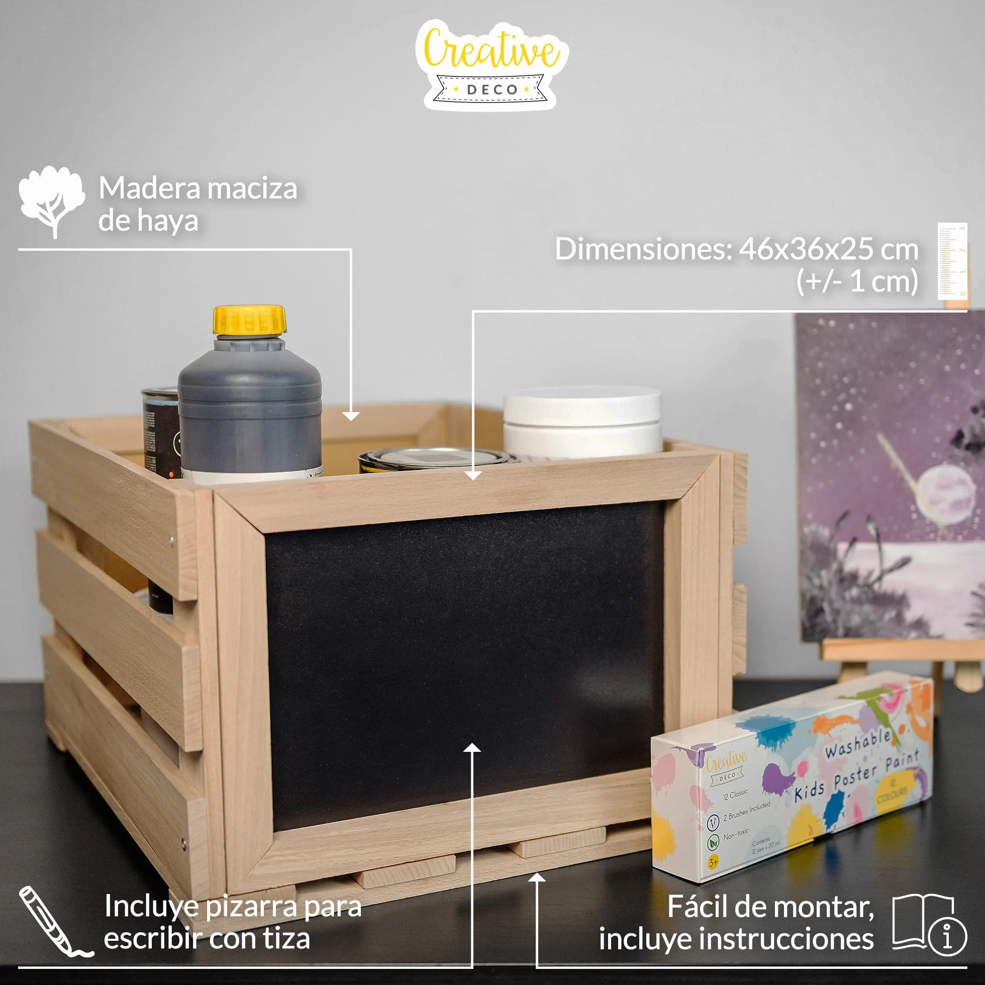 Creative DECO Caja de Madera para Discos de Vinilo con Pizarra | 80 discos | 46x36x25cm (+/-1cm) | Mueble Soporte Cajón Porta Vinilos | Madera de Haya | Cesta para Frutas, Verduras, Vino, Juguetes
