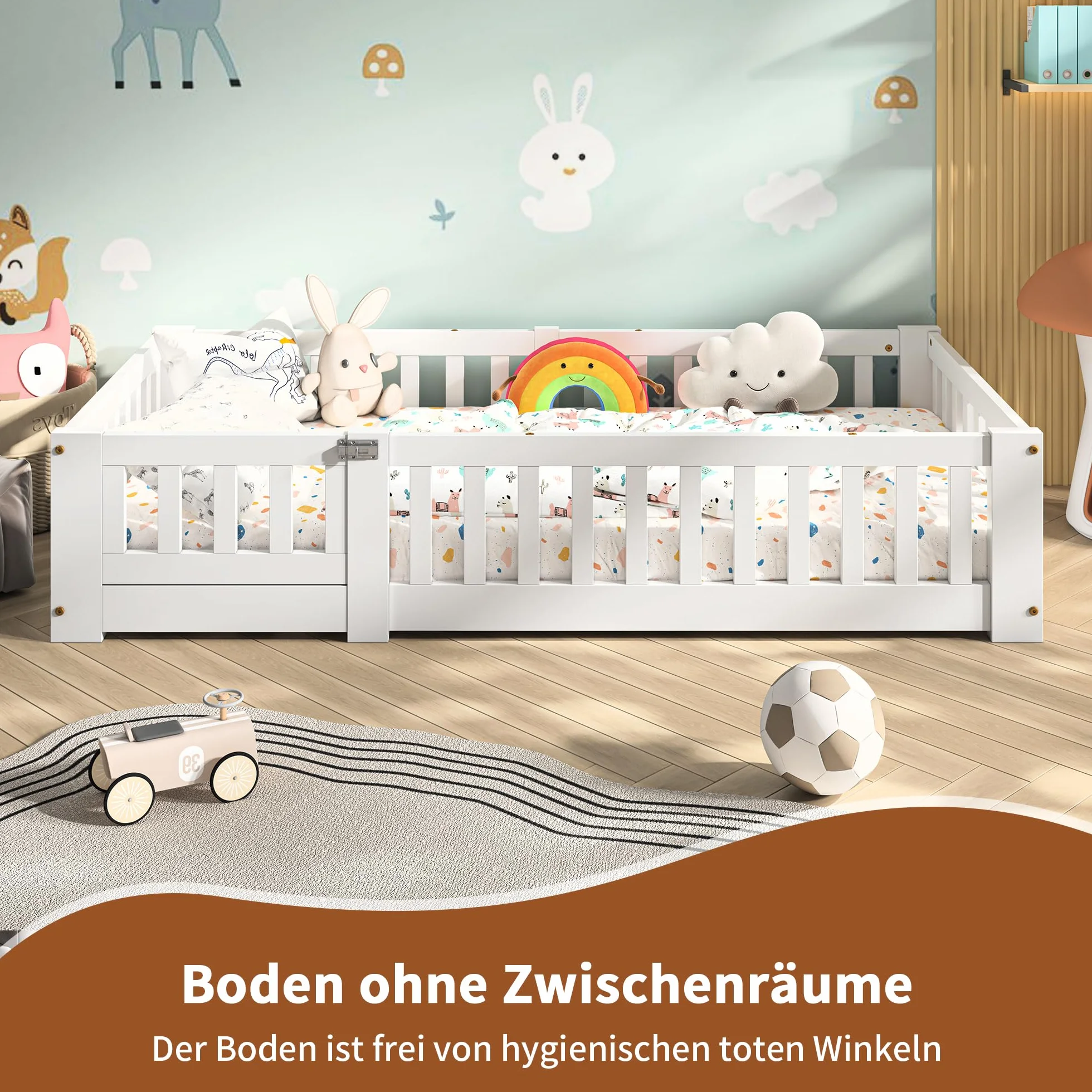 Cama de suelo para niños de 90 x 190 cm con valla y puerta, cama Montessori con protección anticaídas, cama juvenil individual con somier, cama infantil para niños y niñas, blanco (90 x 190 cm