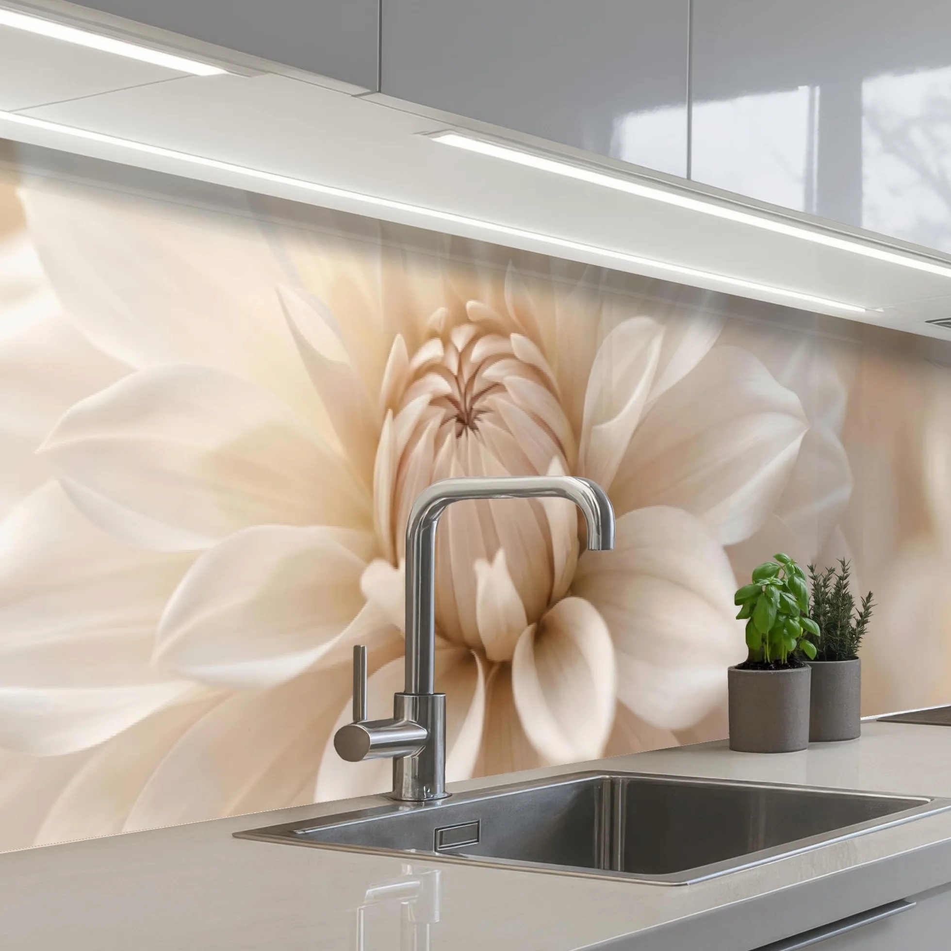 KitchenYeah© Antisalpicaduras Cocina 80x400 cm Adhesivo Salpicadero Protector Salpicaduras Kitchen Flor - Dalia - Blanco