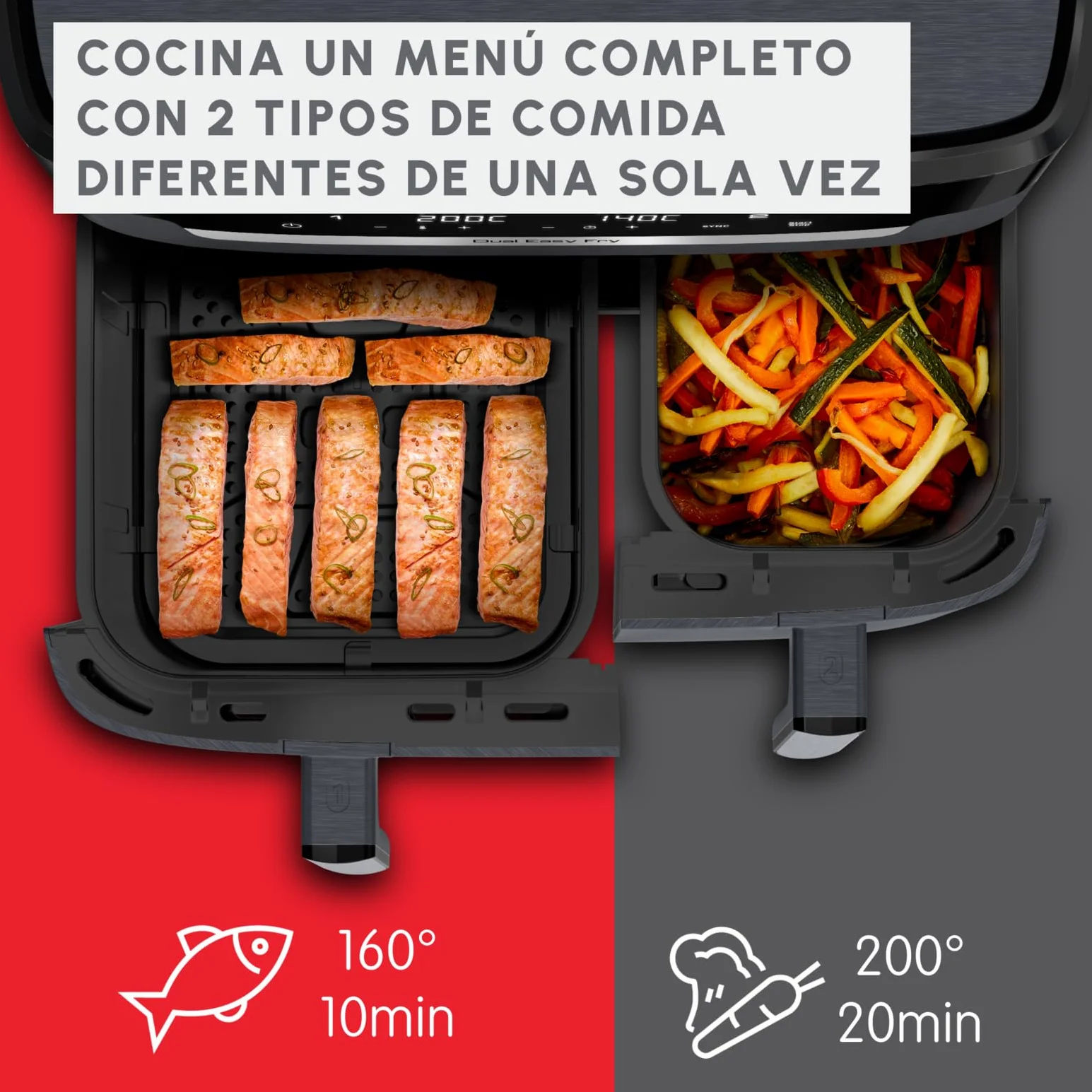 Moulinex XXL Dual Easy Fry 11L: Freidora de Aire de Doble Cesta +8 Personas, Dos cestas (6,5 L + 4,5 L),7 Programas Automáticos, EZ942BF0