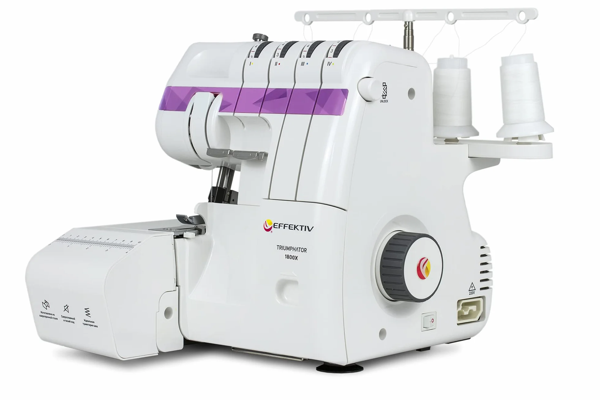 EFFEKTIV Remalladora Overlock 1800X, Máquina Overlock 3/4 Hilos con Diferencial, Enhebrado Automático, 1300 Puntadas/min, Plataforma de Manga