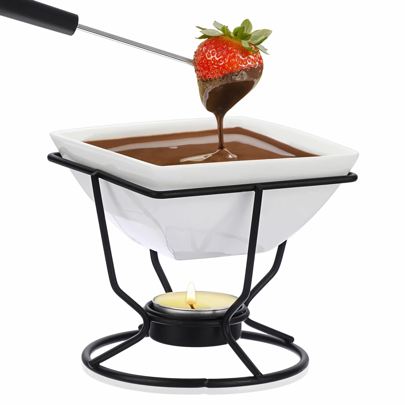 Juego de Fondue de Chocolate Cerámica Cuadrado Blanco 200ML con 2 Tenedores Soporte Redondo de Hierro Negro