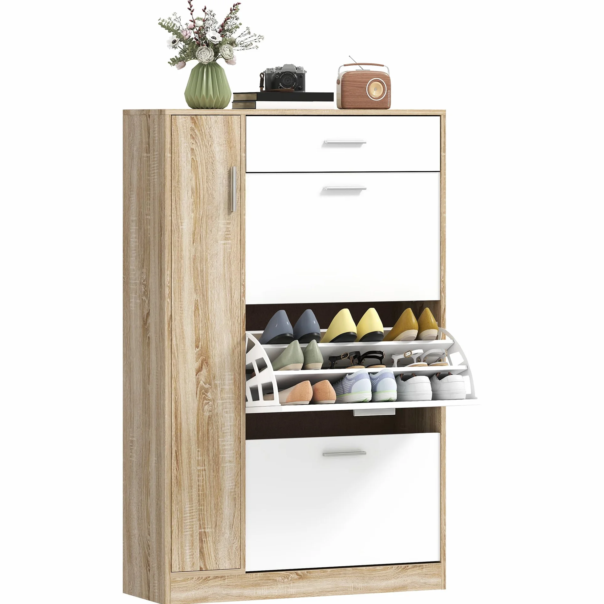 HOMCOM Mueble Zapatero de 3 Puertas para 18-27 Pares de Zapatos Zapatero Moderno con Cajón y Puerta para Salón Entrada Dormitorio 84x30x132 cm Natural