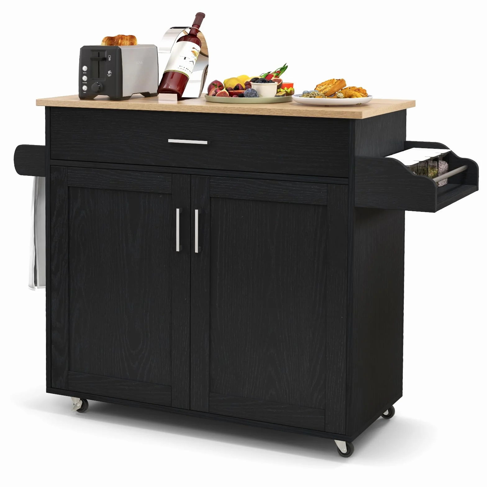 RELAX4LIFE Carro de cocina grande portaobjetos con ruedas deslizantes con frenos de pedales, carro de servicio de madera barnizada con armario y cajones espaciosos, 136 x 76 x 91 cm (negro) (negro)