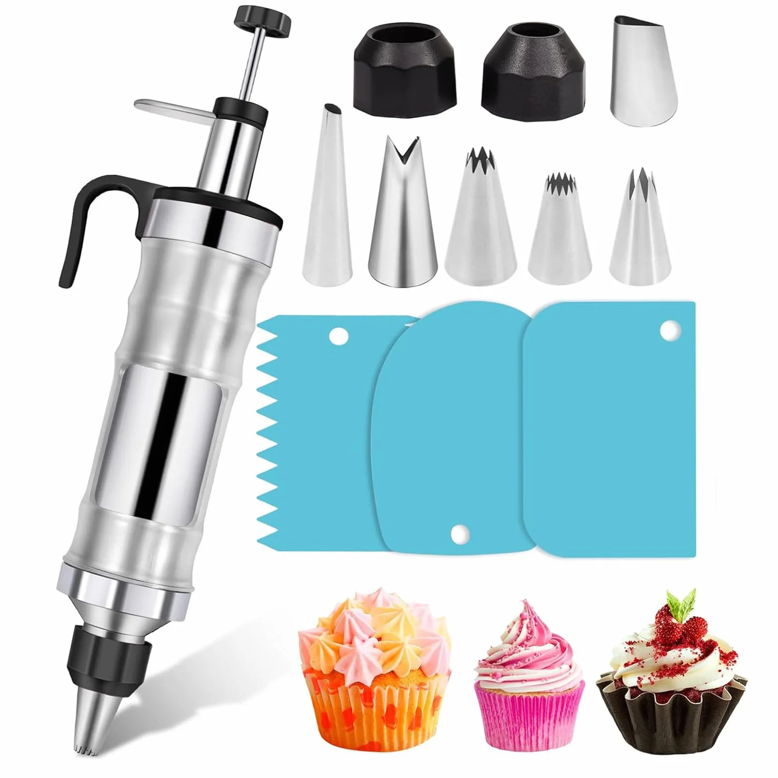 Juego de pistolas de decoración de glaseado, herramientas de decoración de pasteles con 3 raspadores de crema y 6 boquillas reemplazables, fácil de usar para principiantes, ideal para decoración de