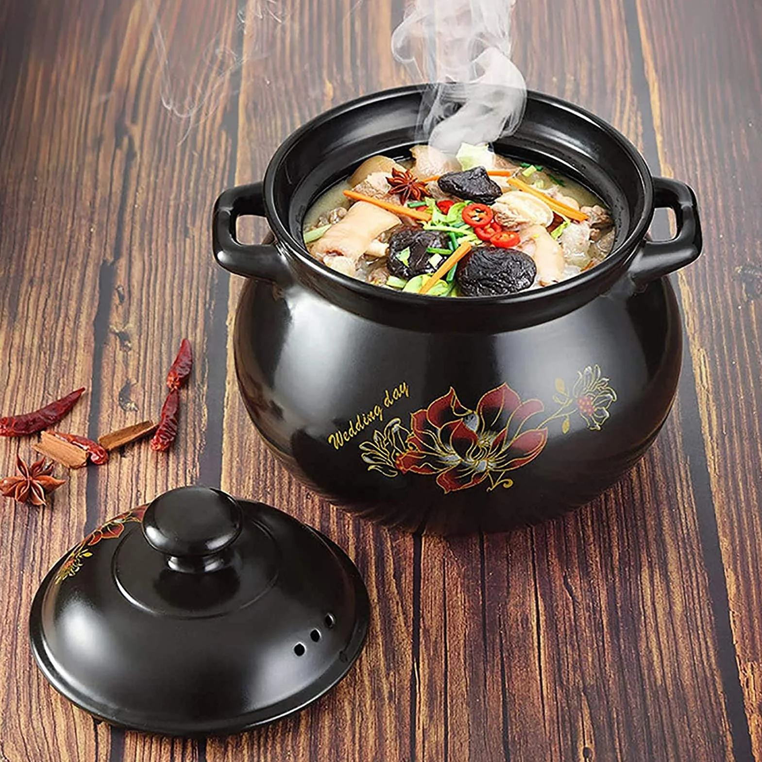 Plato De Cazuela Con Tapa, Pote De Cazuela De Cerámica, Pote De Stock, Cazuela, Olla De Barro Para Cocinar, Caja Fuerte, Olla De Piedra Hecha De Arcilla Natural, Artesanías Tradicionales,Negro,4L